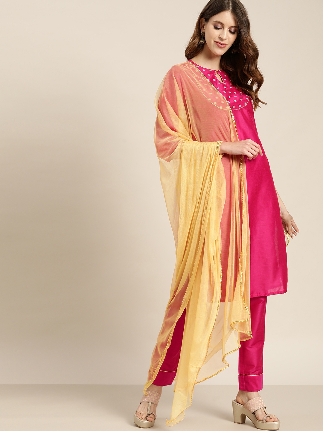 

all about you Women Pink Embroidered Yoke Kurta with Trousers & Dupatta
