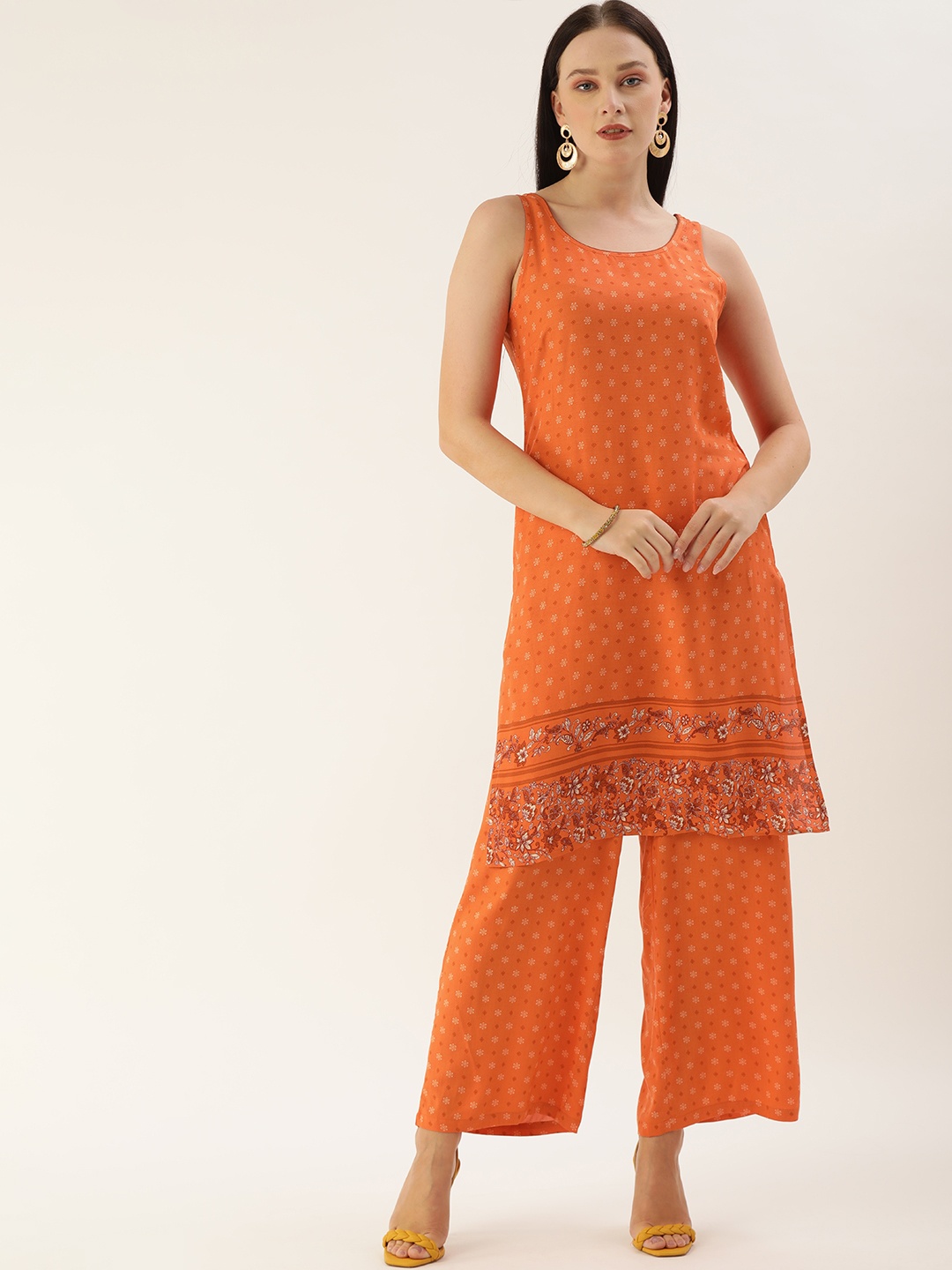

all about you Women Orange Ethnic Motifs Printed Kurta with Palazzos