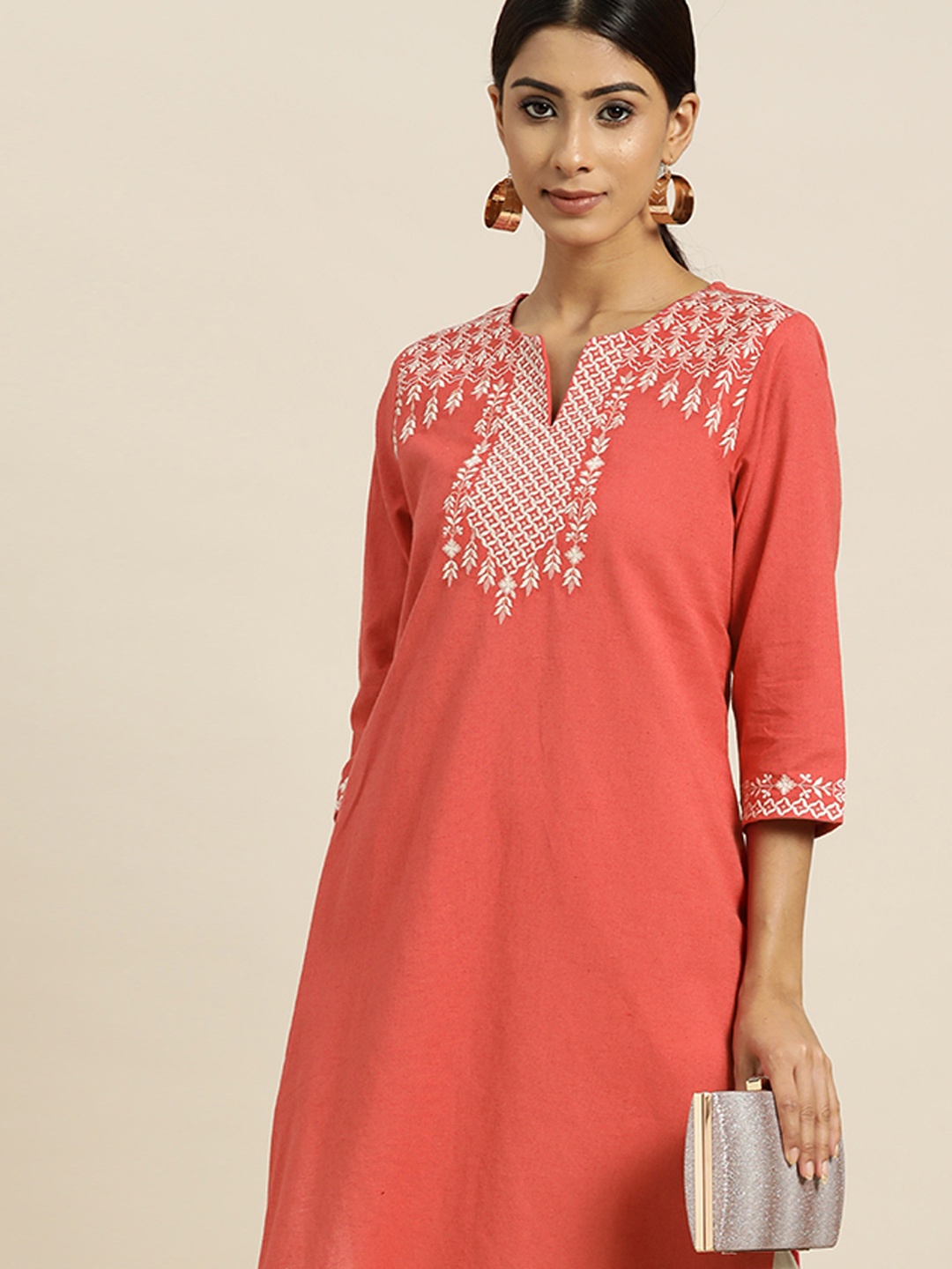

all about you Women Coral Red Ethnic Motifs Yoke Design Thread Work Straight Kurta
