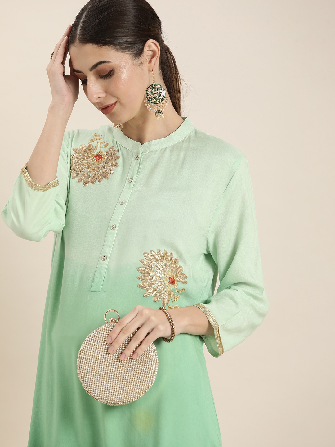 

all about you Women Green Ombre Sequined Kurta