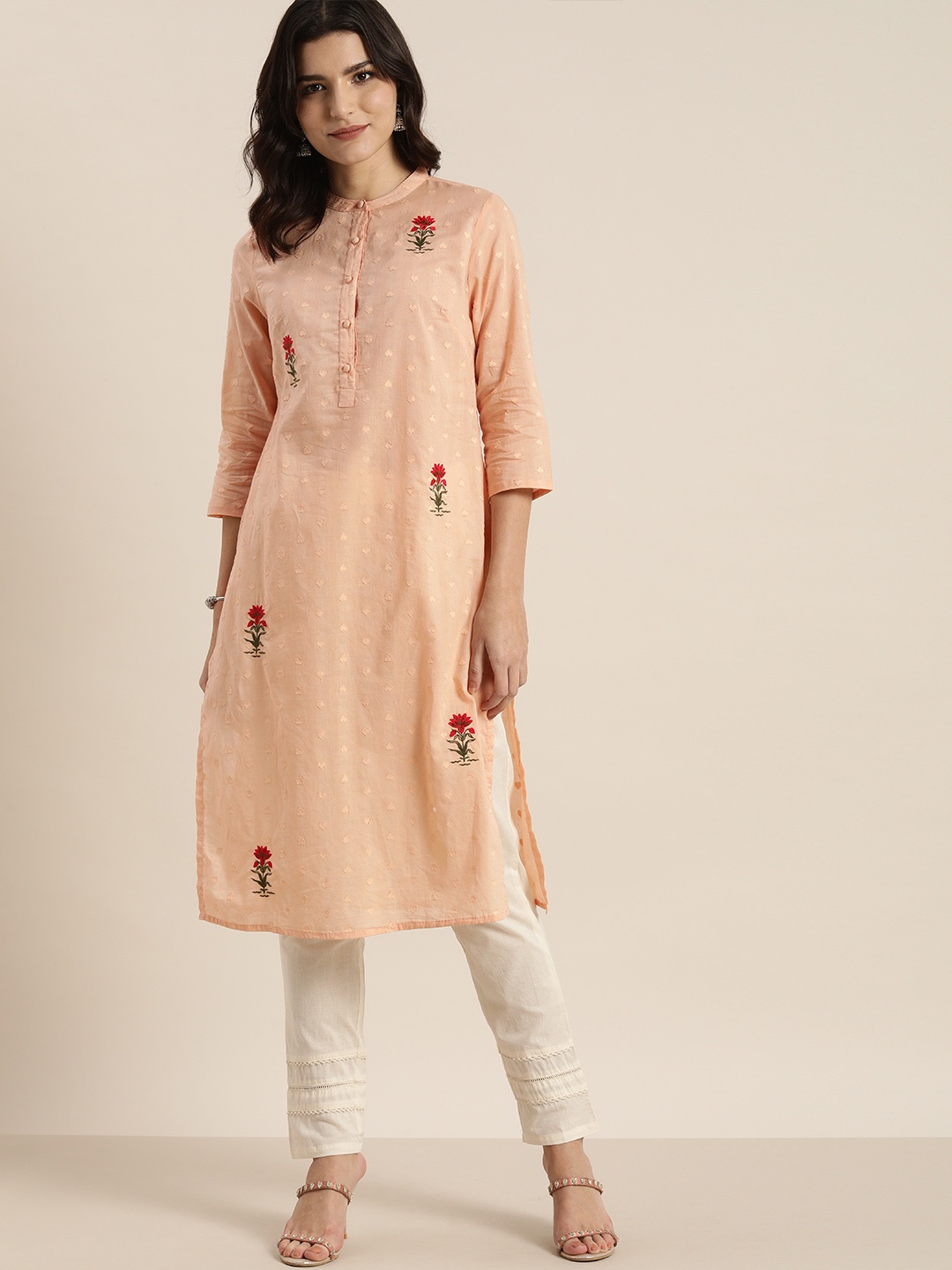 

all about you Women Peach-Coloured Floral Embroidered Pure Cotton Dobby Kurta