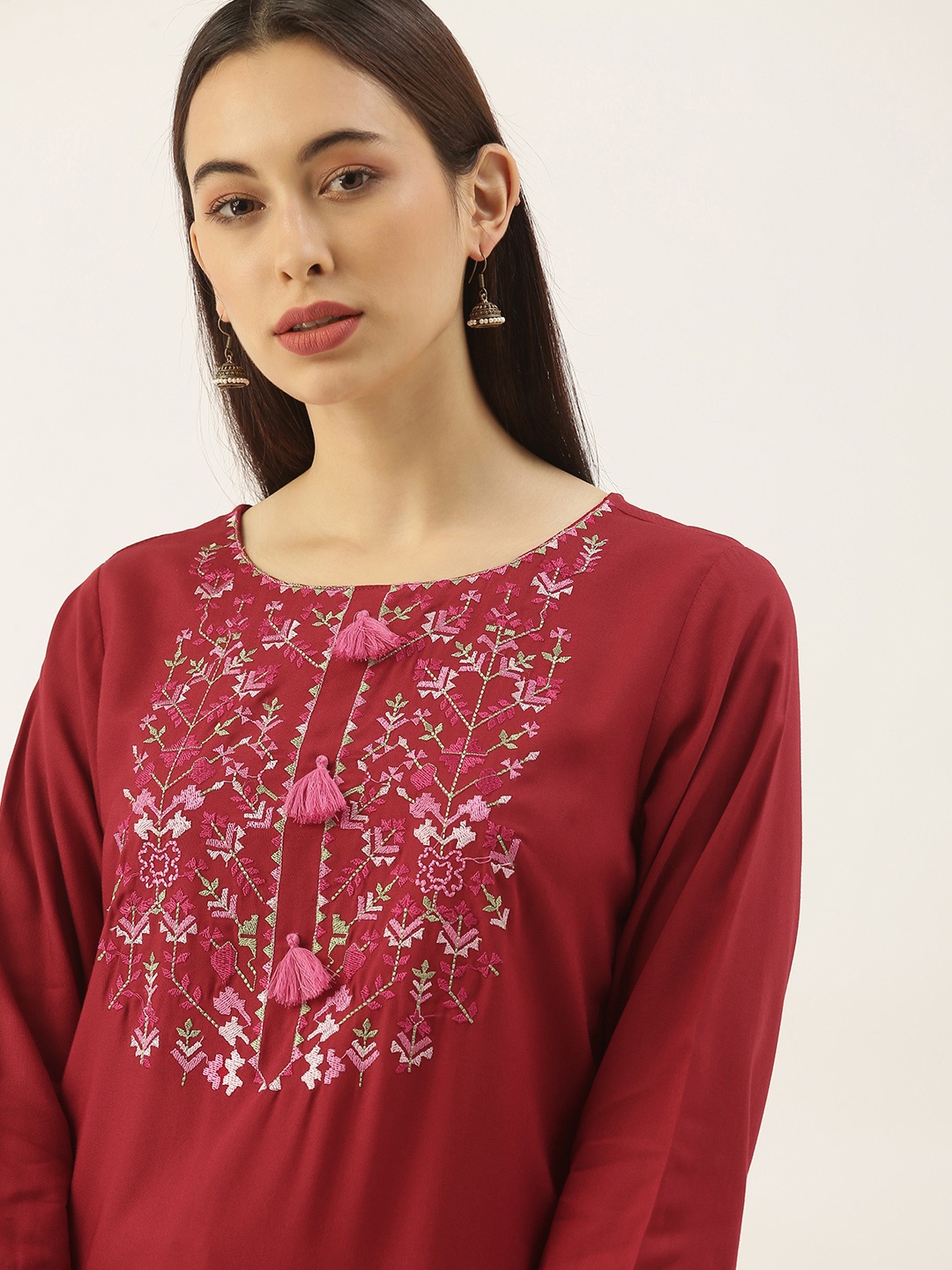 

all about you Women Red Geometric Embroidered Yoke Design Kurta