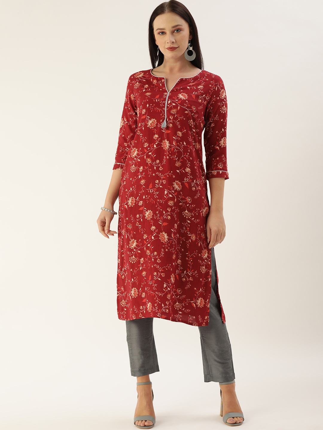 

all about you Women Red & Beige Floral Printed Kurta