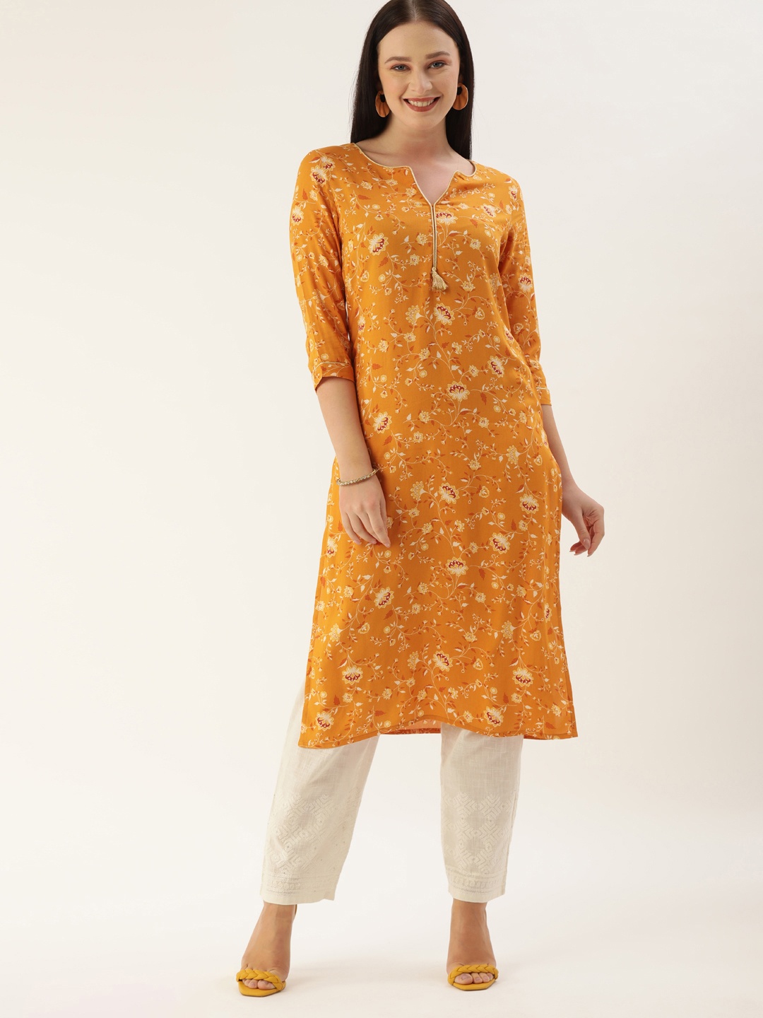 

all about you Women Mustard Yellow & White Ethnic Motifs Printed Straight Kurta