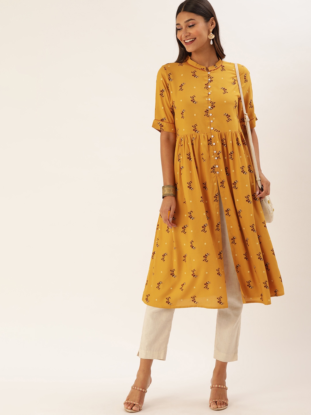 

all about you Women Mustard Yellow & Maroon Printed Fit and flare Kurta With High Slit