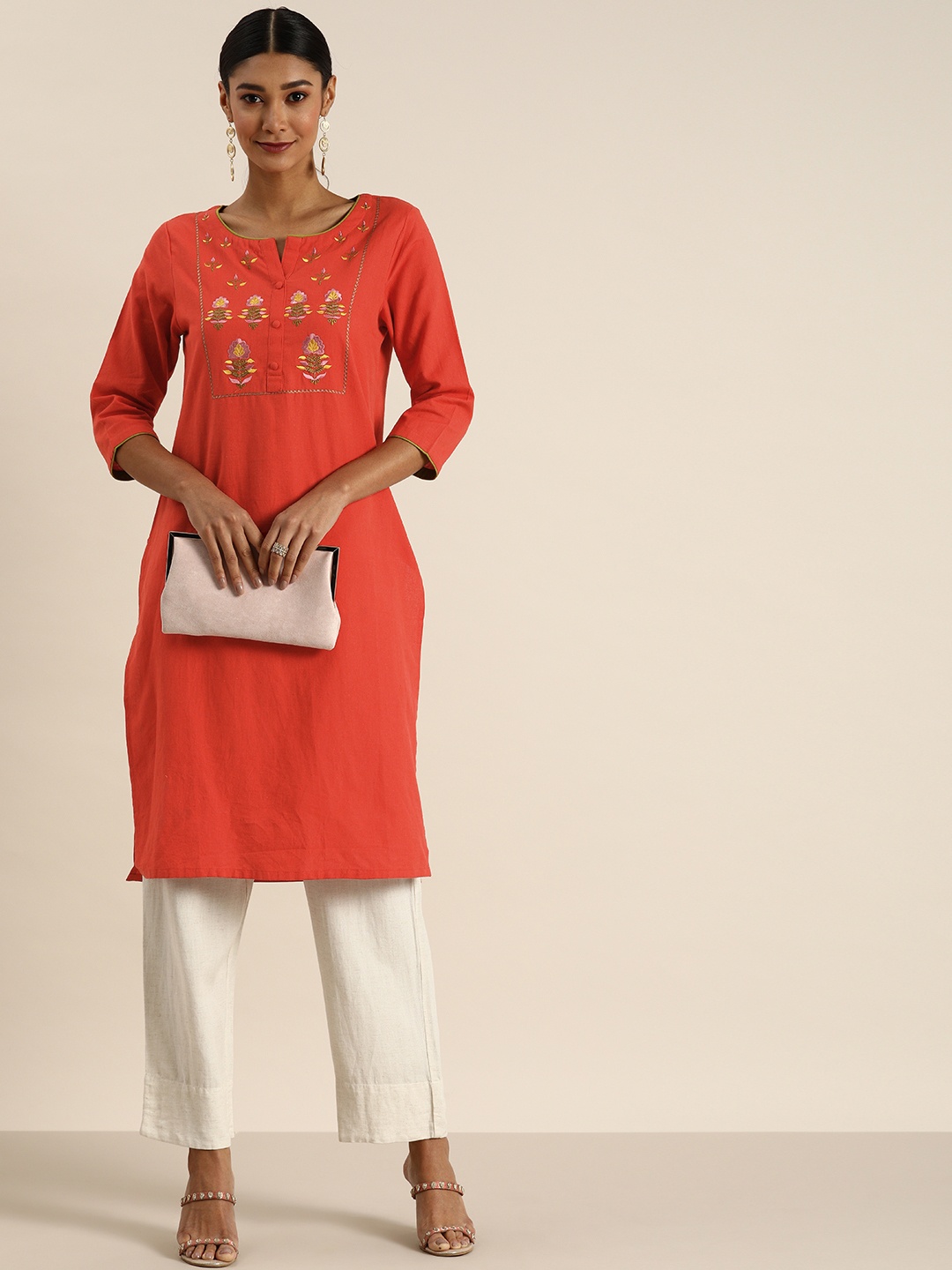 

all about you Women Coral Pink Ethnic Motifs Yoke Design Thread Work Kurta
