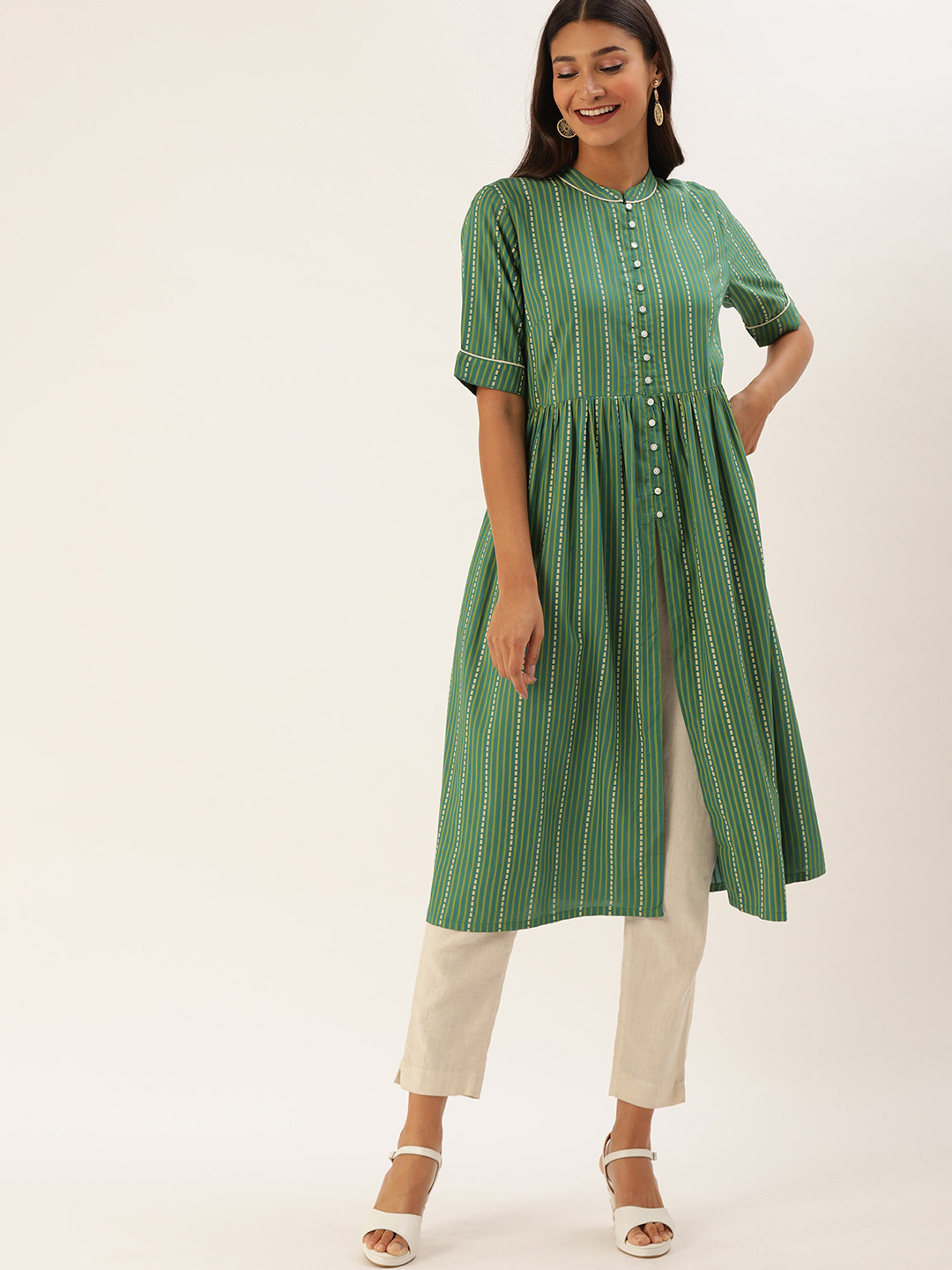 

all about you Women Green Striped Fit and Flare Kurta With High Slit