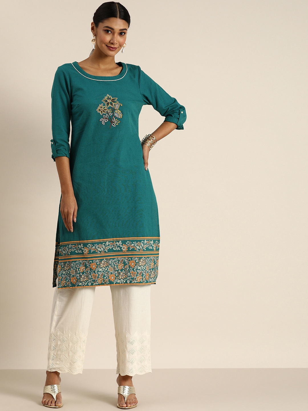 

all about you Women Teal Blue Ethnic Motifs Yoke Design Thread Work Kurta