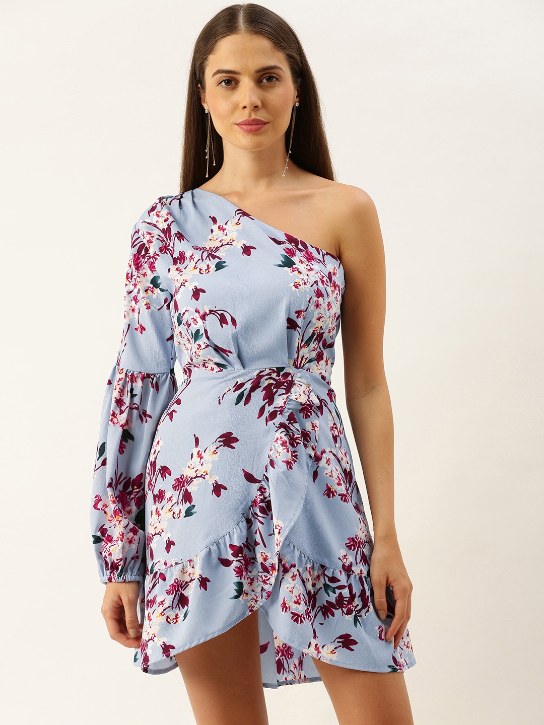 

Berrylush Women Blue Floral Printed One Shoulder Fit and Flare Dress