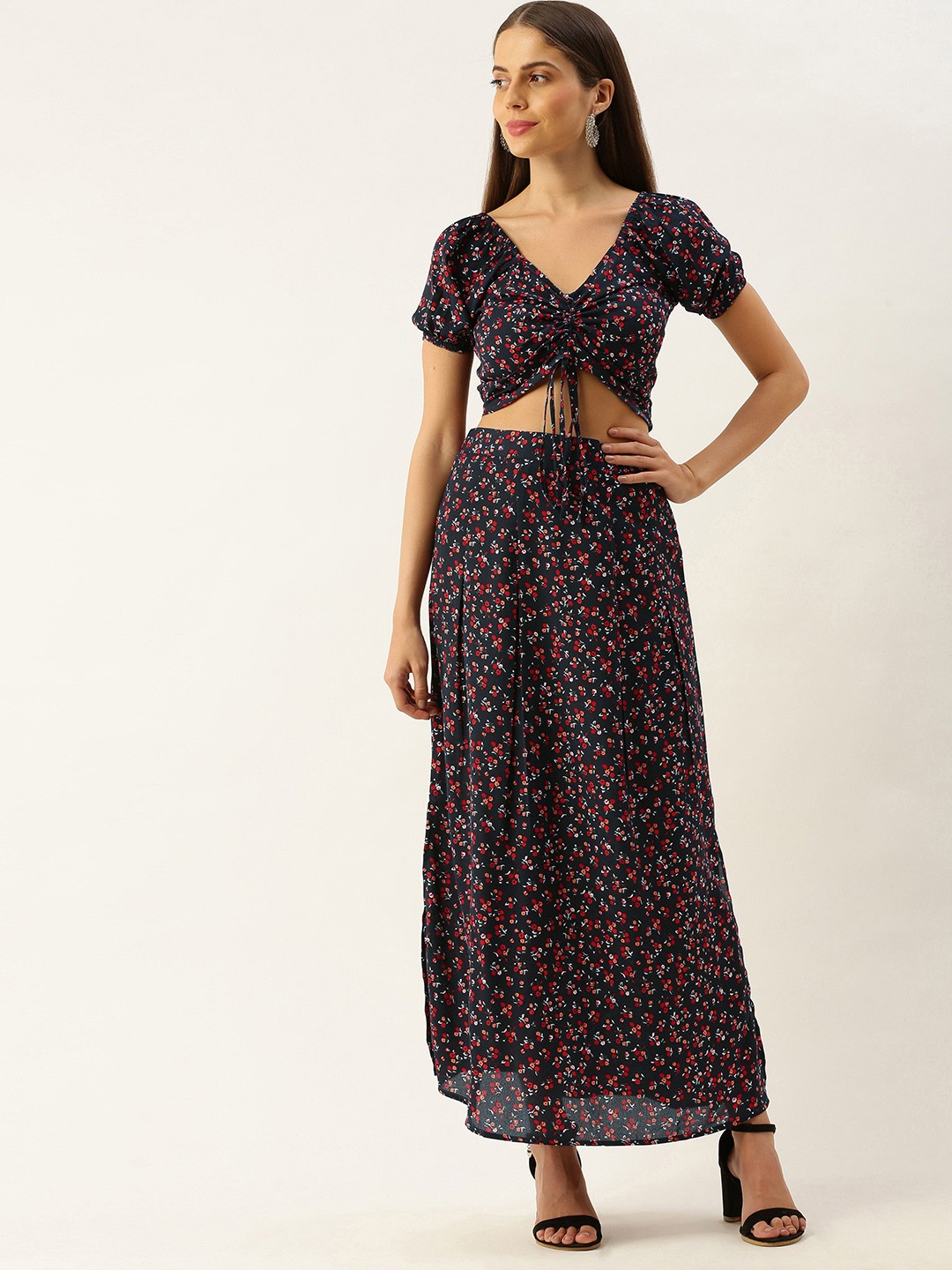

Berrylush Women Navy Blue & Red Floral Printed Co-ordinate Sets Dress