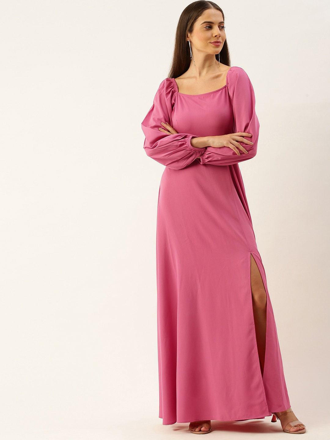 

Berrylush Women Pink Solid Maxi Dress with High Slit Detail