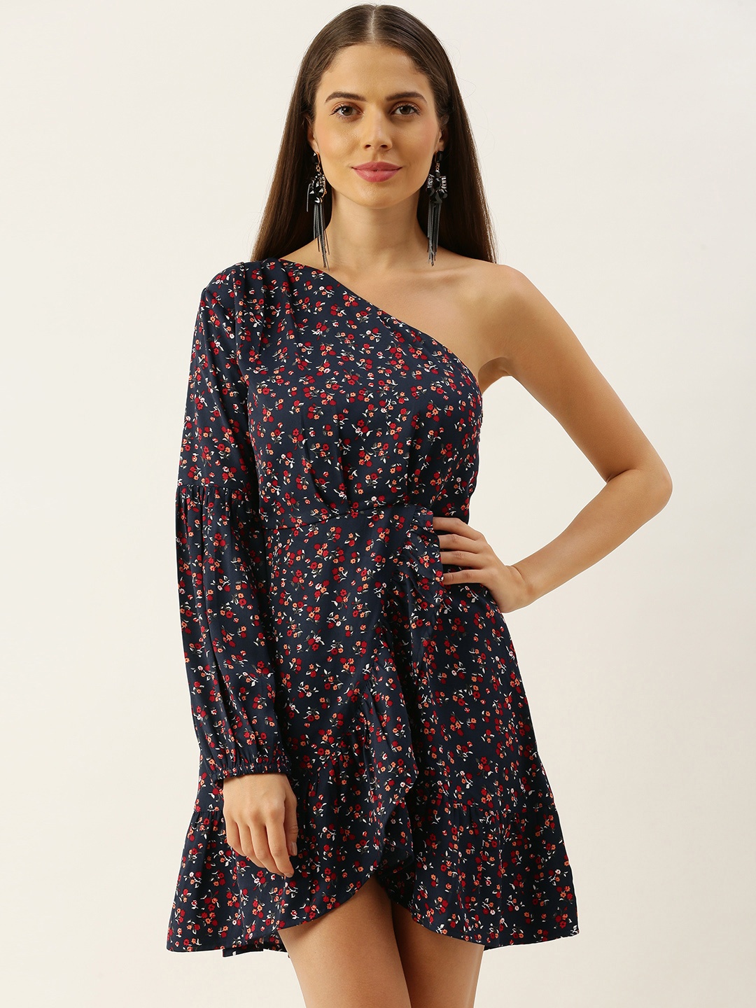 

Berrylush Women Navy Blue & Red Floral Printed Fit and Flare Dress with Ruffles