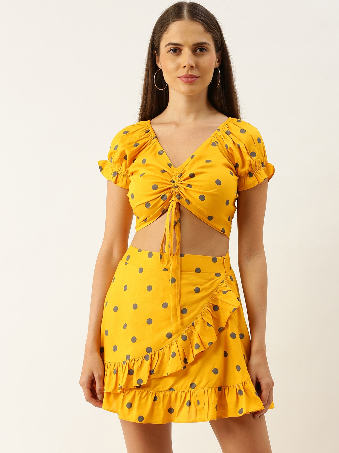 

Berrylush Women Yellow & Grey Polka Dot Printed Co-ordinate Sets Dress