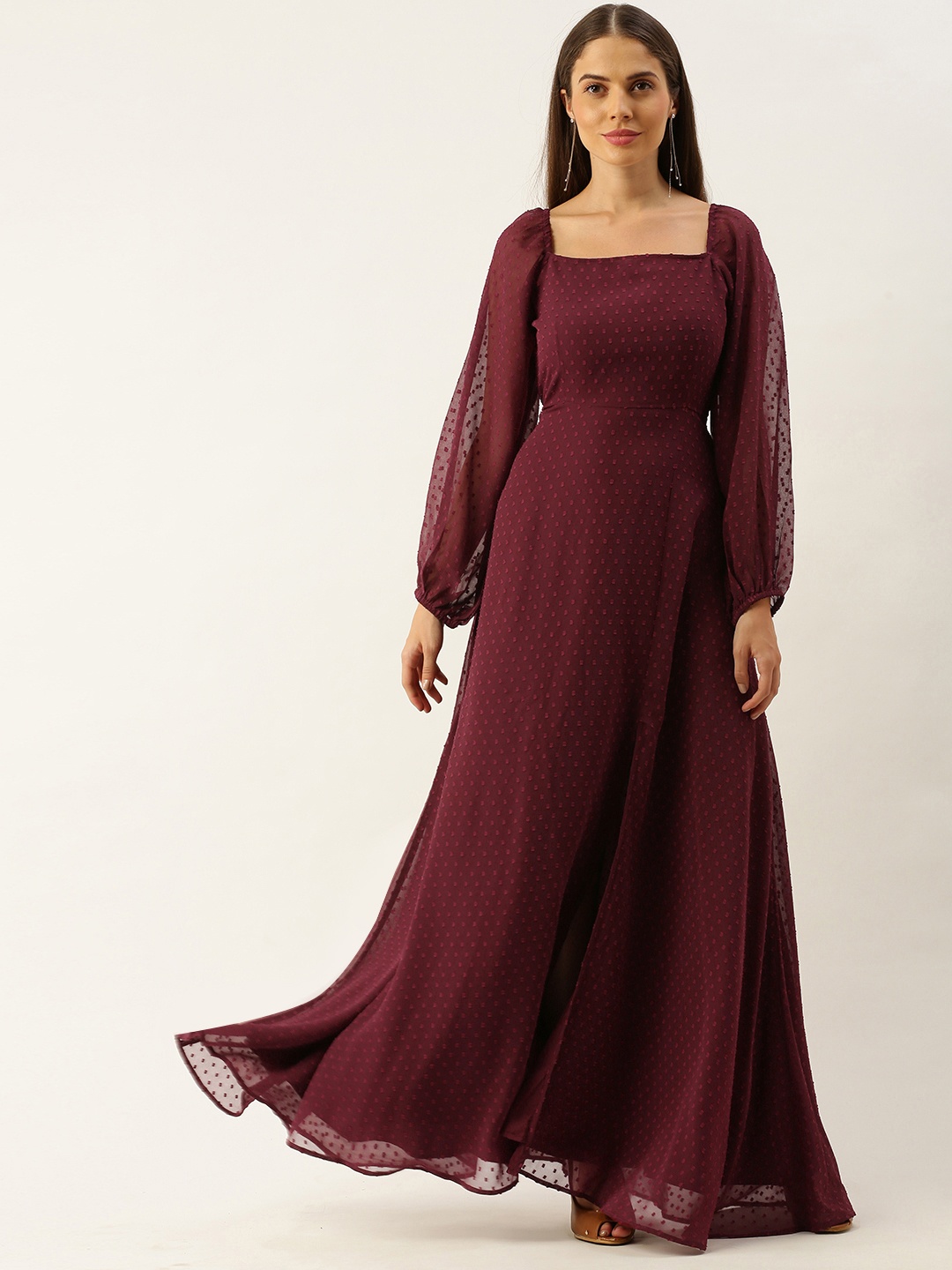 

Berrylush Women Maroon Dobby Self Design Maxi Dress with Gathers