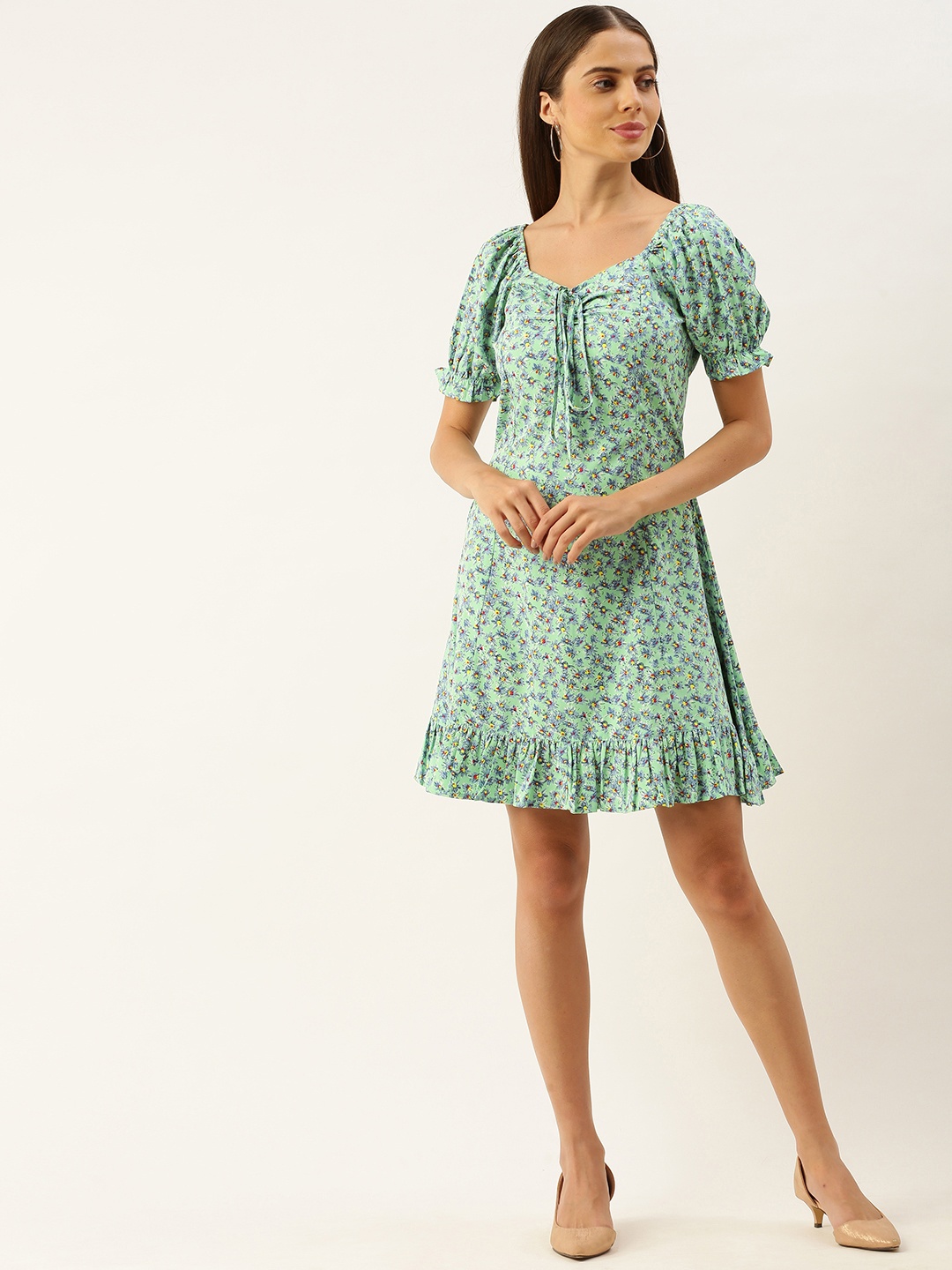 

Berrylush Women Green & Blue Floral Printed A-Line Dress with Tie-Up Detail