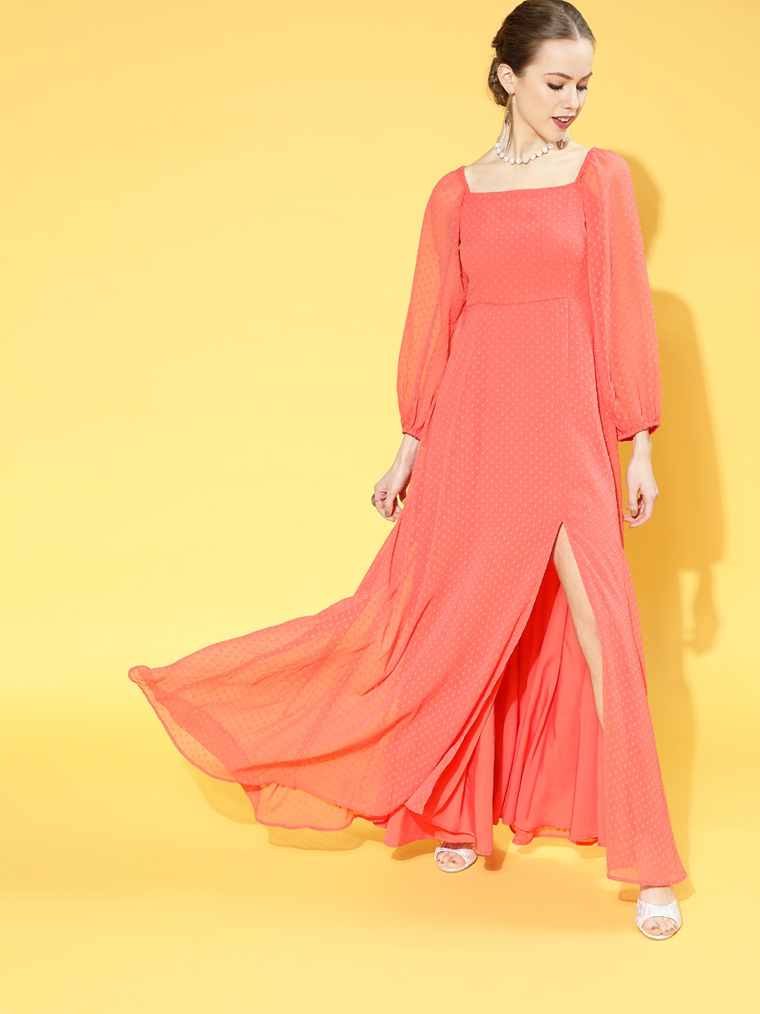 

Berrylush Women Pink Dobby Self Design Maxi Dress with High Slit Detail