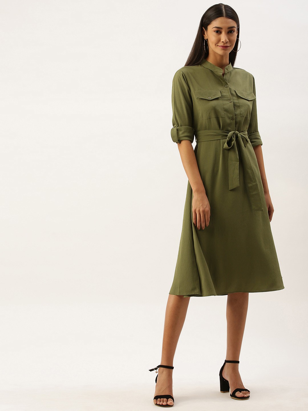 

Berrylush Women Olive Green Solid Shirt Dress