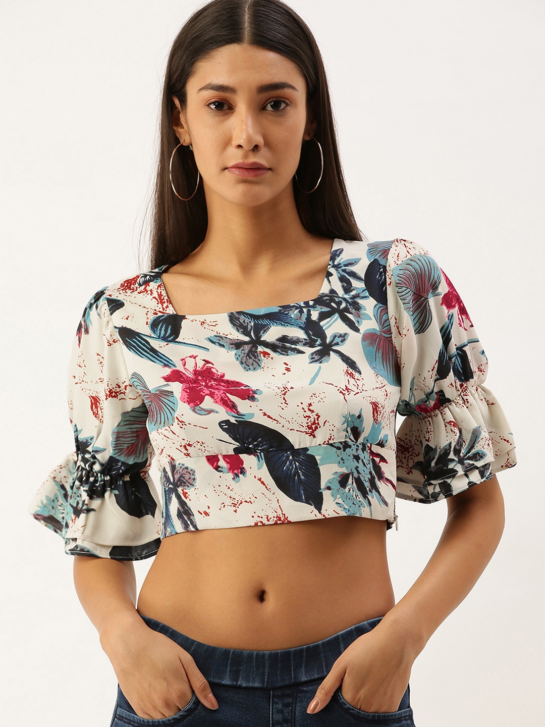 

Berrylush White & Teal Blue Floral Printed Bell Sleeves Crop Top