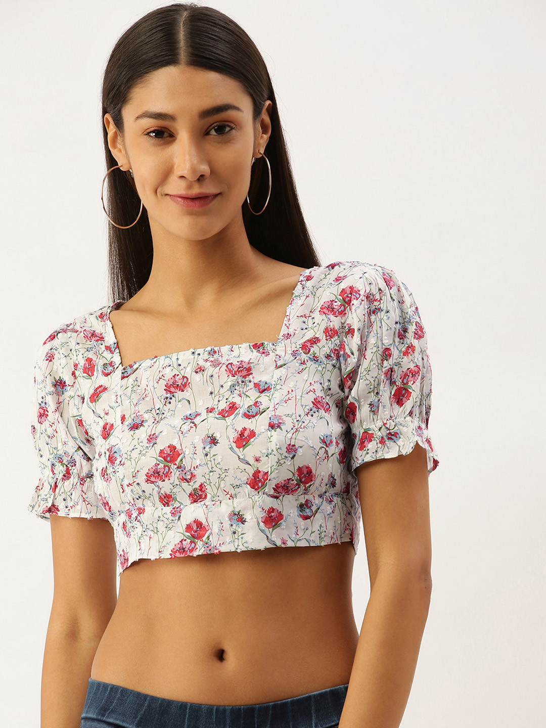 

Berrylush White & Red Floral Printed Puff Sleeves Styled Back Crop Top