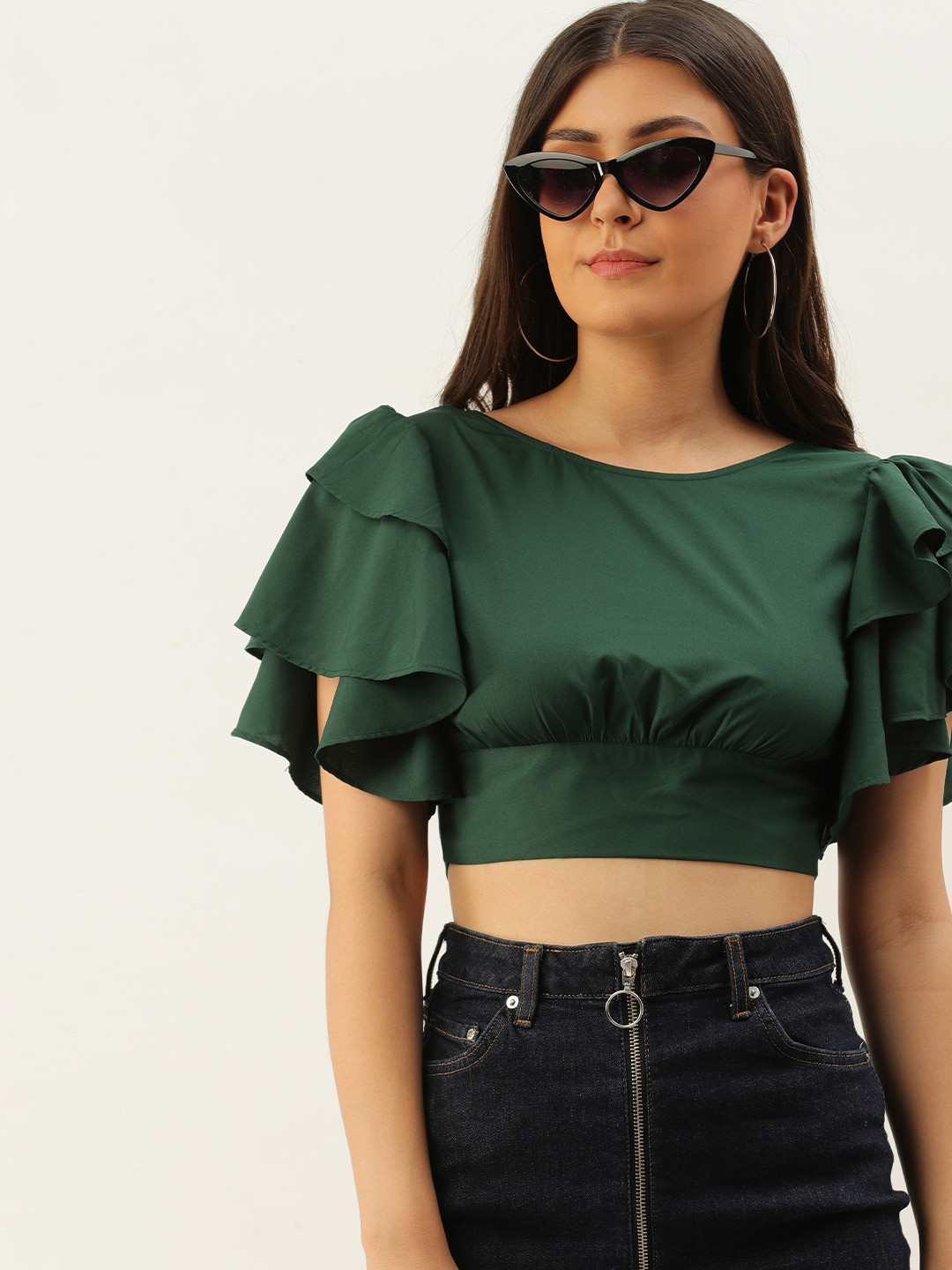 

Berrylush Green Flutter Sleeves Crepe Blouson Crop Top
