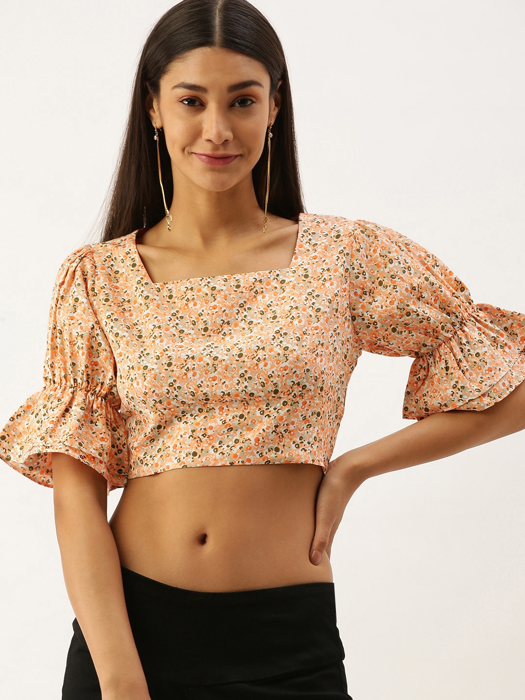 

Berrylush Multicoloured Printed Bell Sleeves Regular Crop Top, Multi