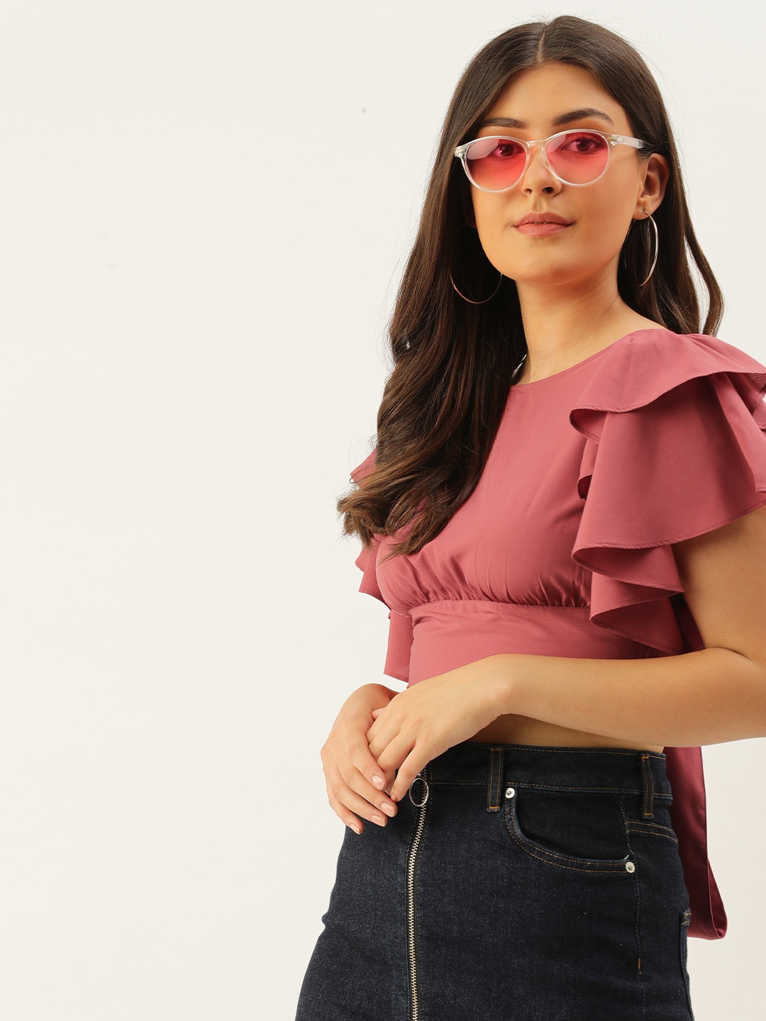 

Berrylush Pink Solid Flutter Sleeves Styled Back Crop Top