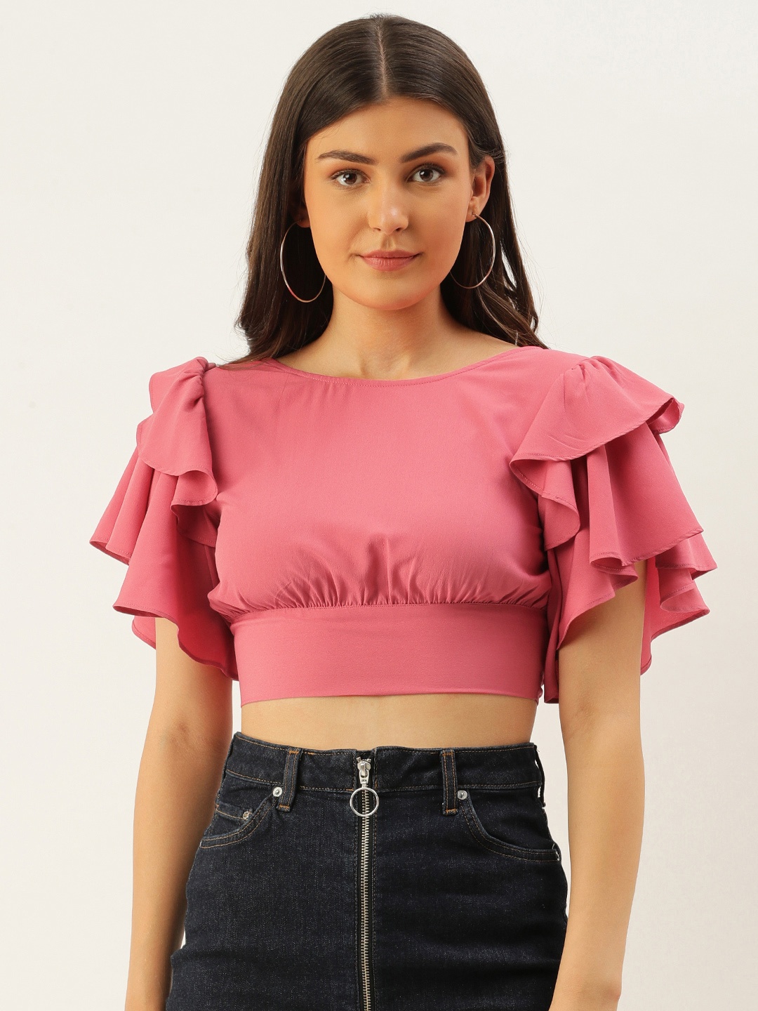 

Berrylush Pink Solid Flutter Sleeves Shirt Style Crop Top