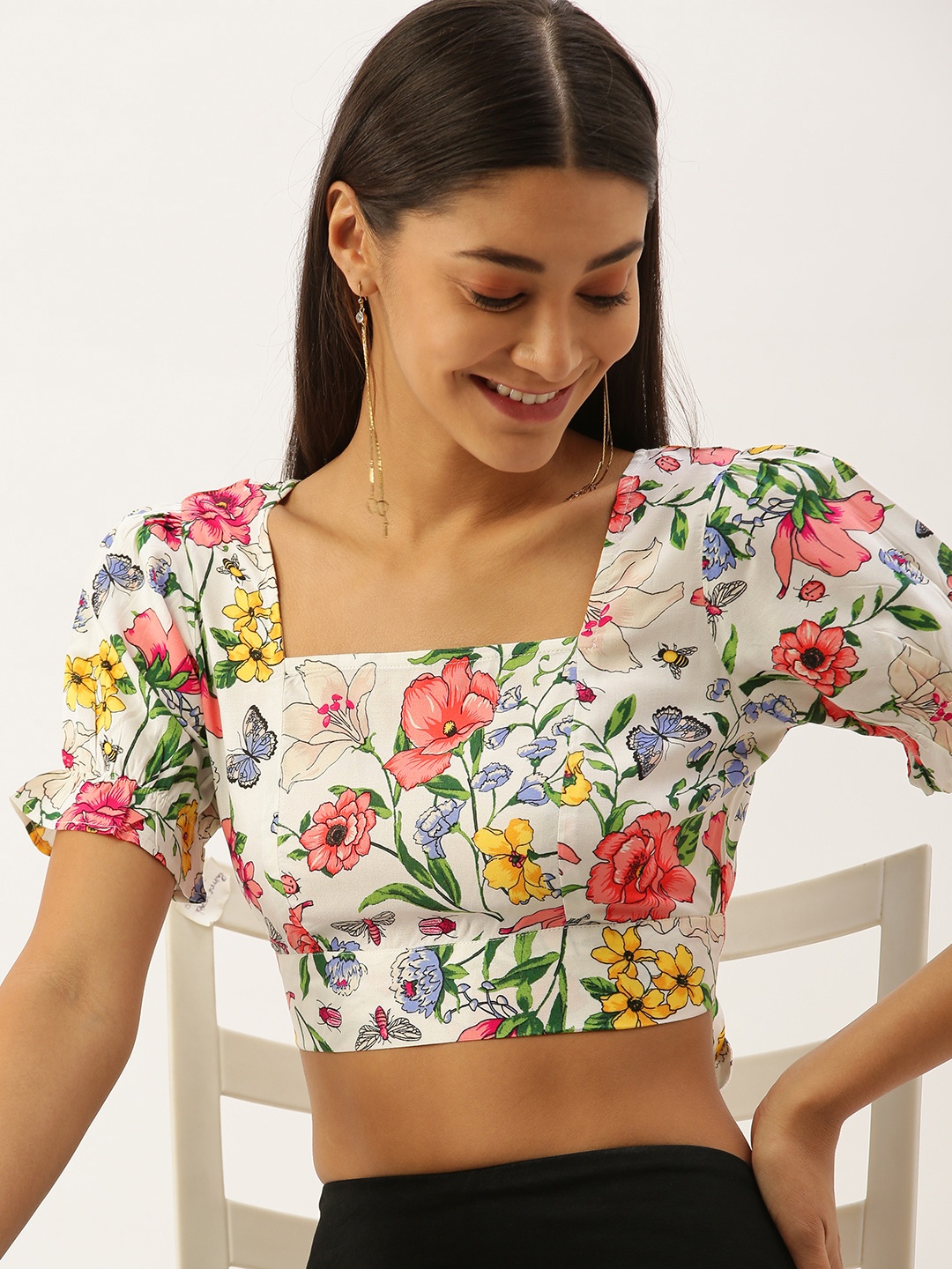 

Berrylush Multicoloured Floral Printed Puff Sleeves Styled Back Crop Top, Multi