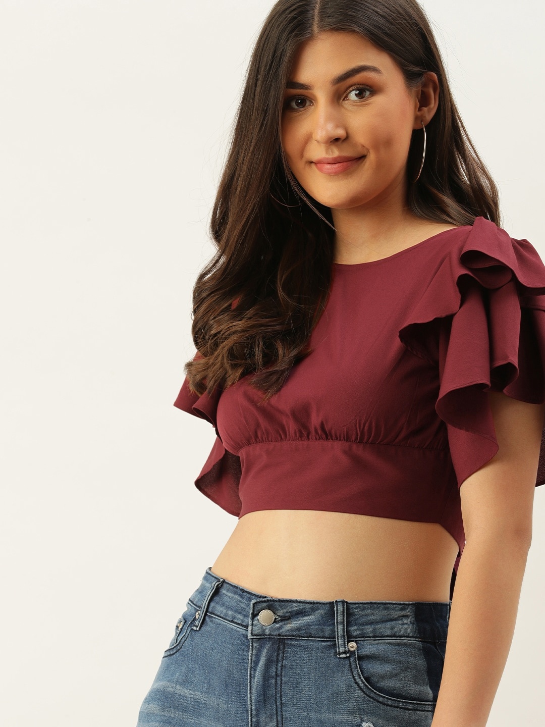 

Berrylush Maroon Flutter Sleeves Crepe Blouson Crop Top