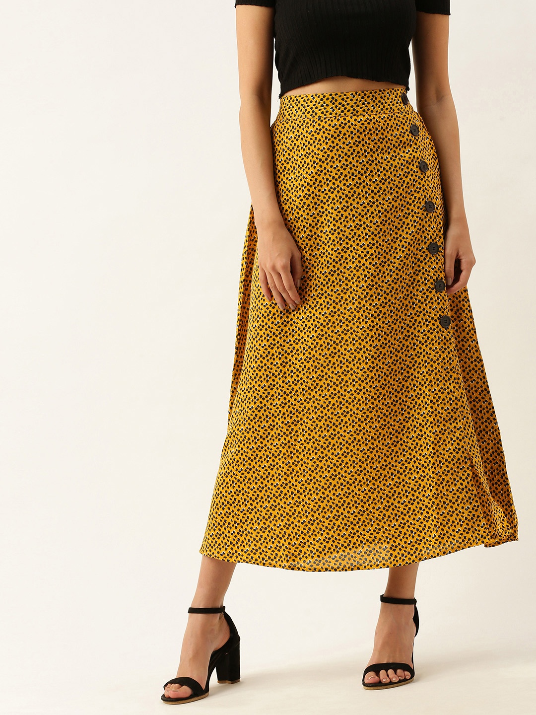 

Berrylush Women Mustard Yellow & Black Animal Printed A-Line Skirt