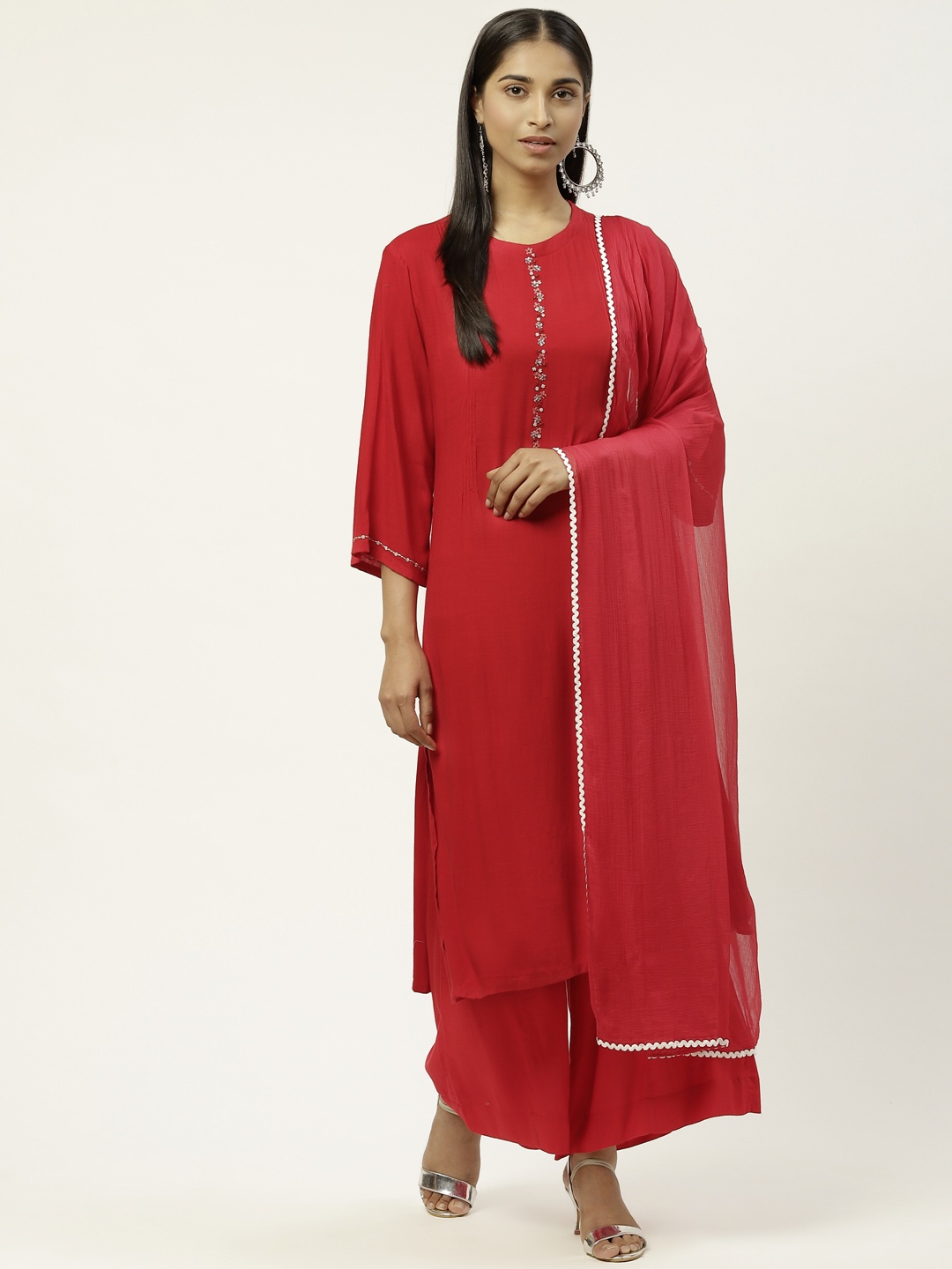 

DESI WOMANIYA Women Red Beads and Stones Straight Kurta with Palazzos & Dupatta