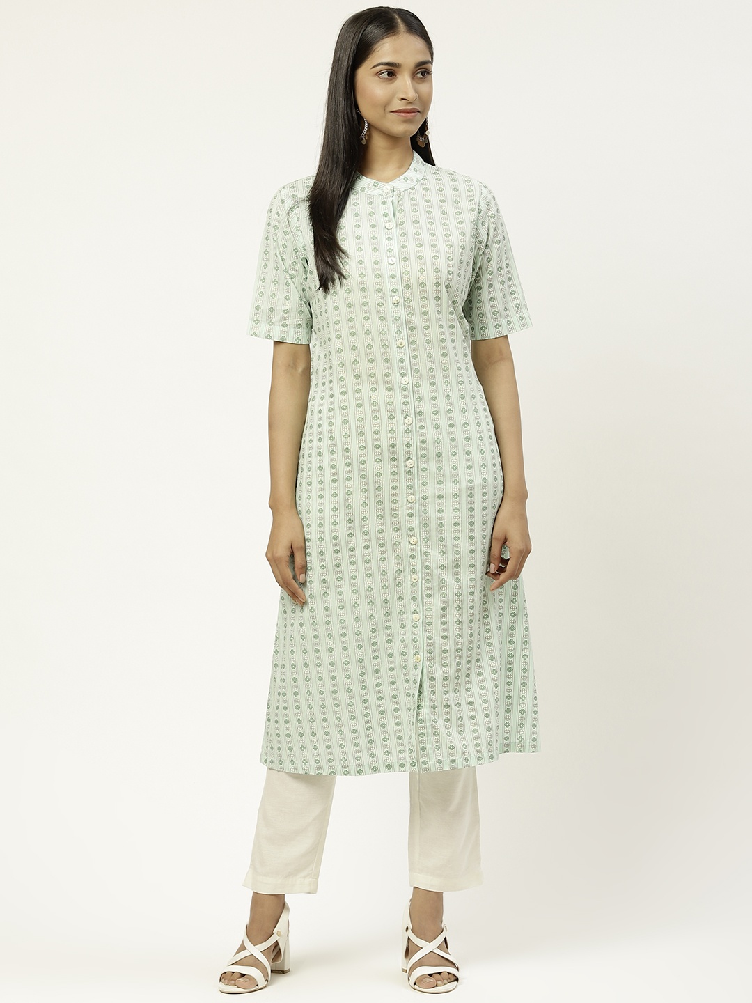 

DESI WOMANIYA Women Sea Green & Golden Ethnic Motifs Printed Pastels Kurta