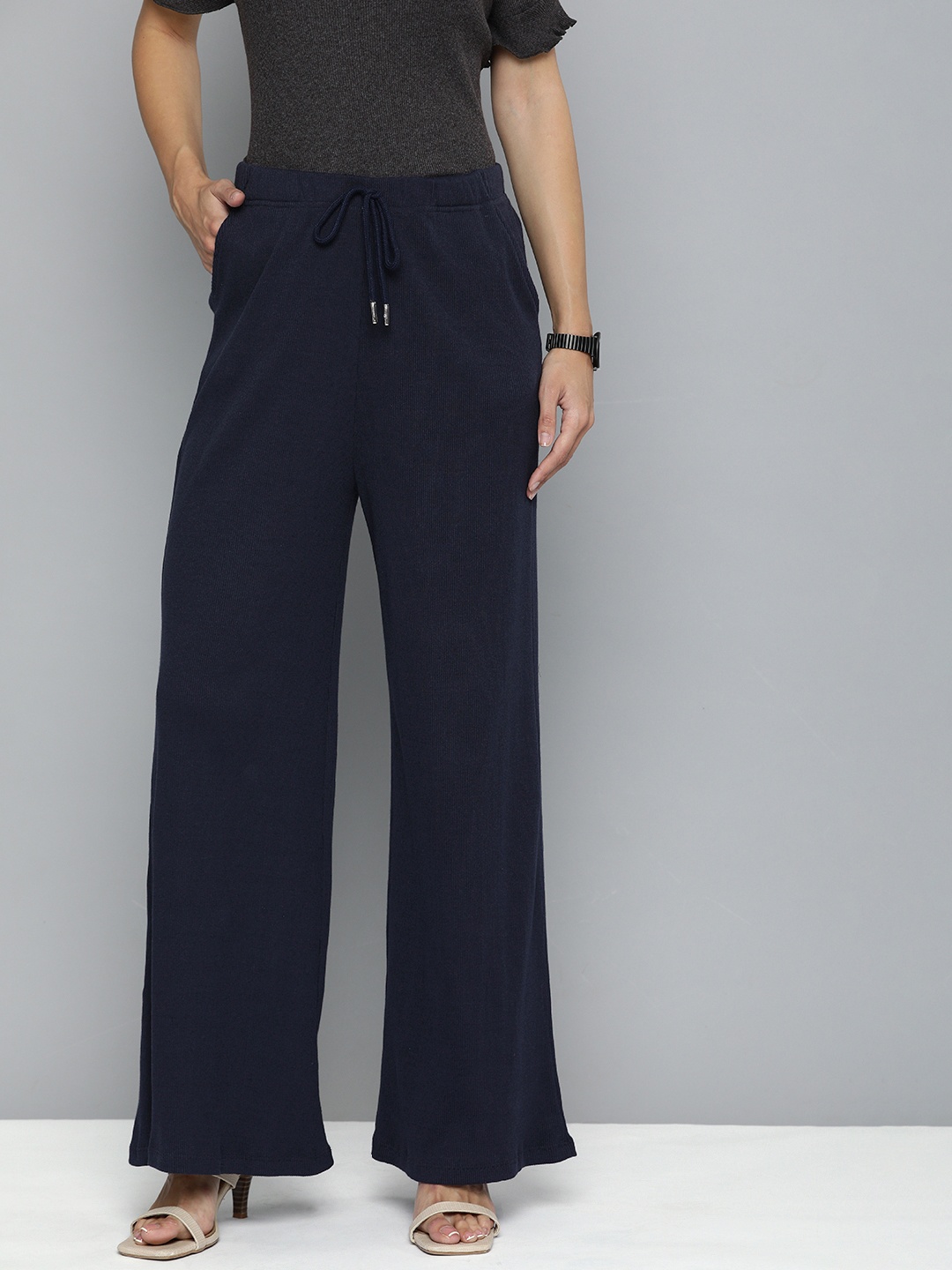 

Chemistry Women Navy Blue Ribbed Wide Leg Trousers