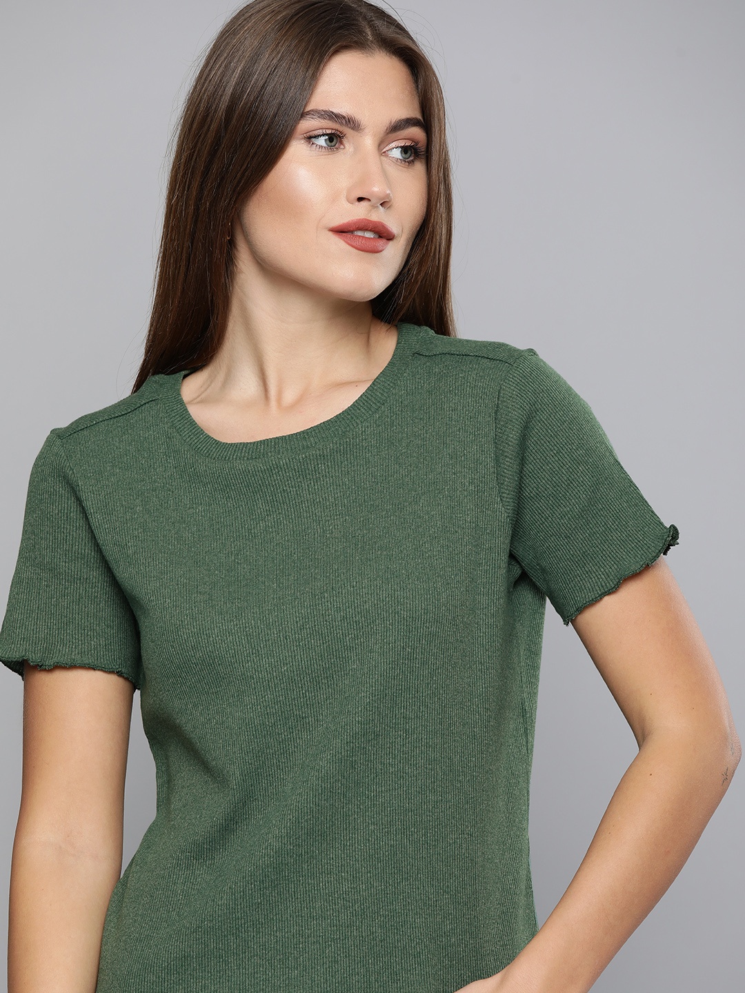 

Chemistry Women Olive Green Ribbed T-shirt