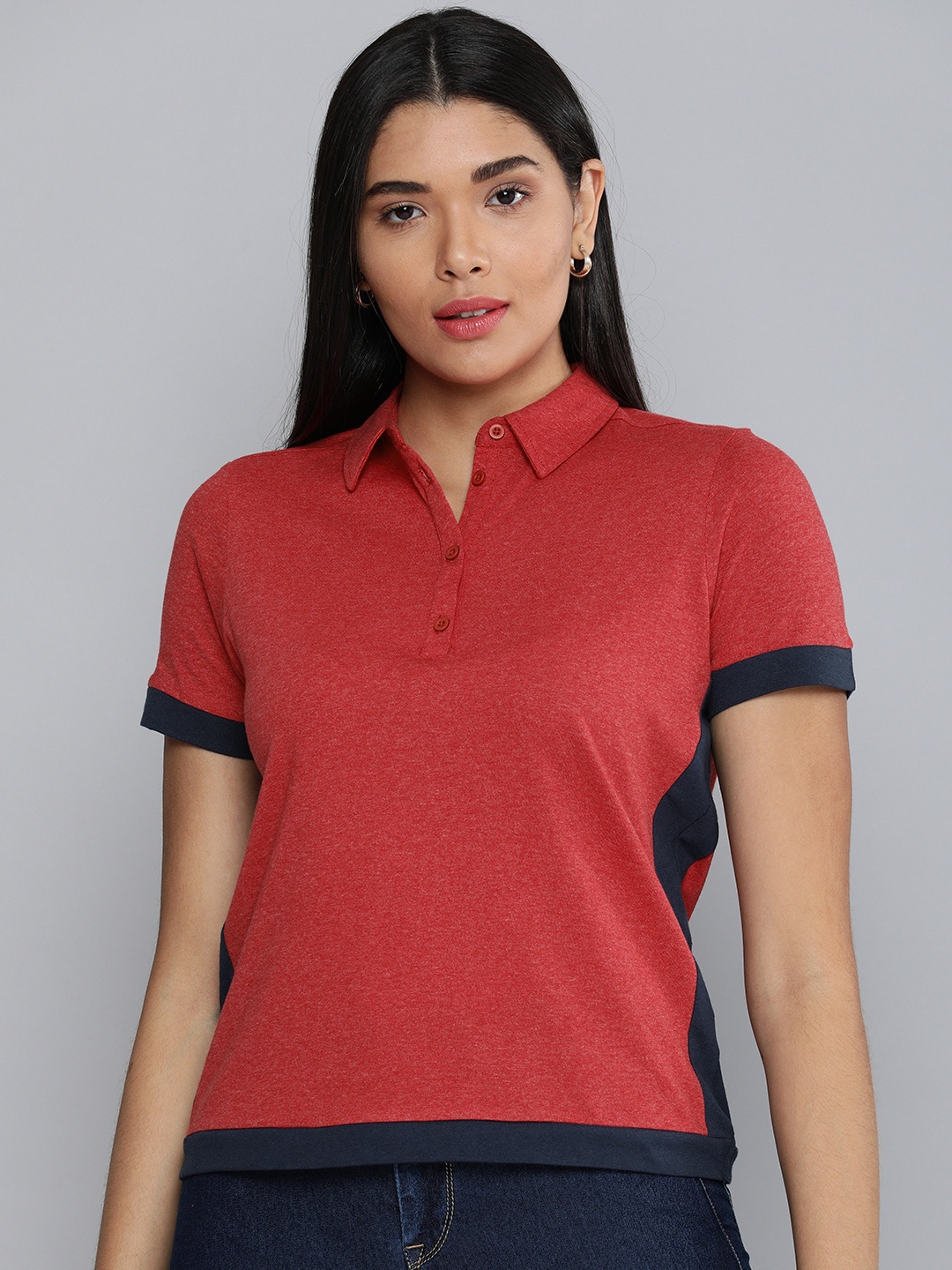 

Chemistry Women Rust Red Colourblocked Polo Collar T-shirt, Coral