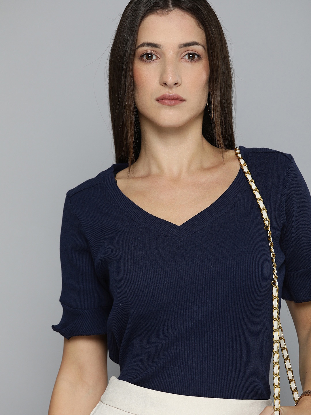 

Chemistry Women Navy Blue Striped Regular Top