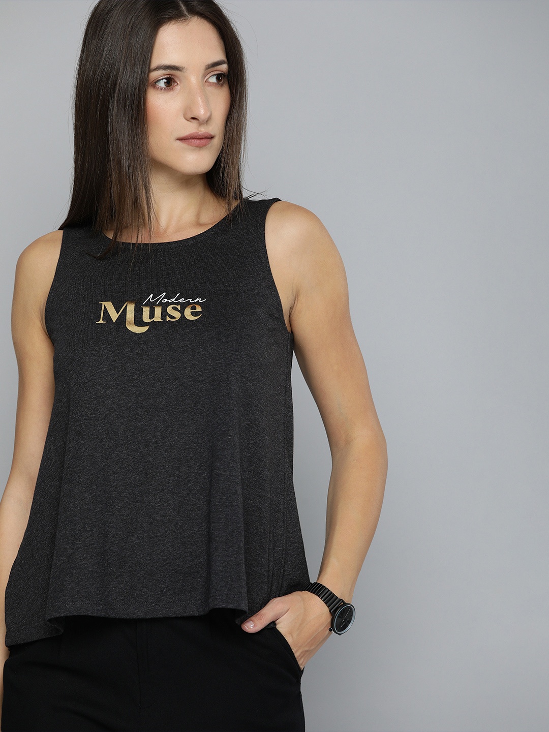 

Chemistry Women Grey Typographic Sleeveless T-shirt