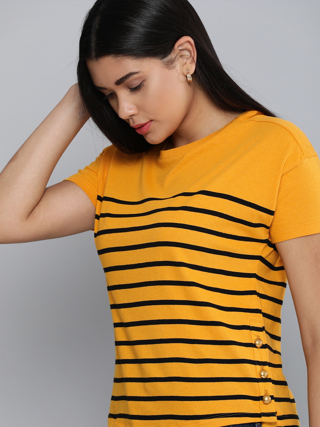 

Chemistry Women Yellow Striped Round Neck T-shirt, Mustard