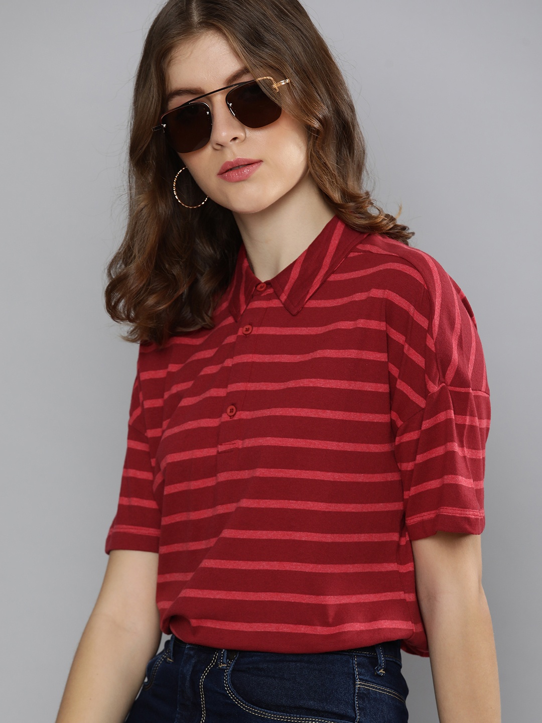 

Chemistry Women Red Striped Polo Collar Drop-Shoulder Sleeves T-shirt