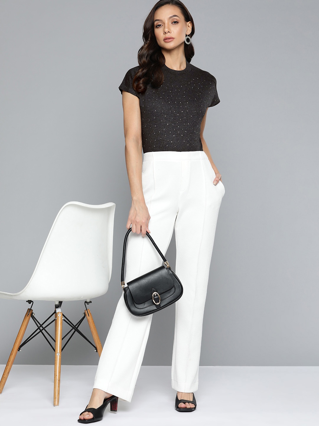

Chemistry Charcoal Grey Embellished Extended Sleeves Top