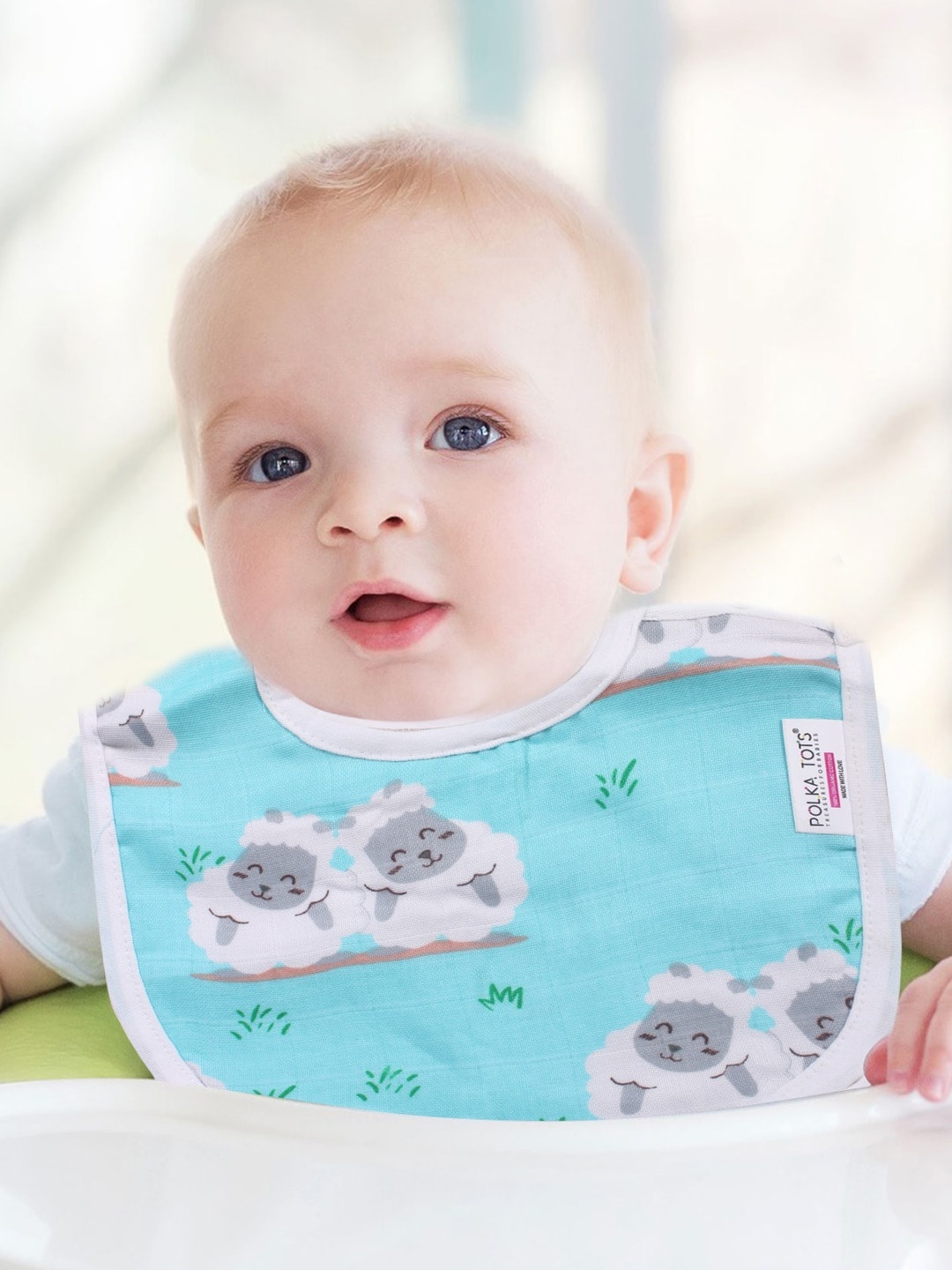 

Polka Tots Unisex Kids Pack of 3 Printed 100% Organic Cotton Sustainable Bibs, Blue