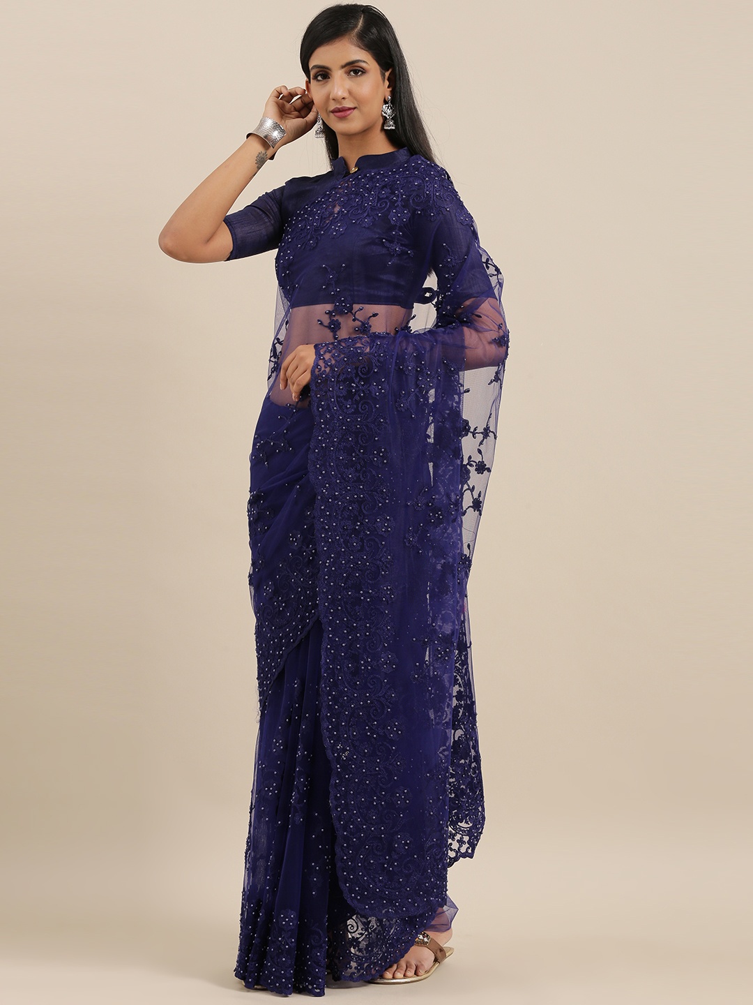 

Mitera Navy Blue Embroidered Net Saree with Beads