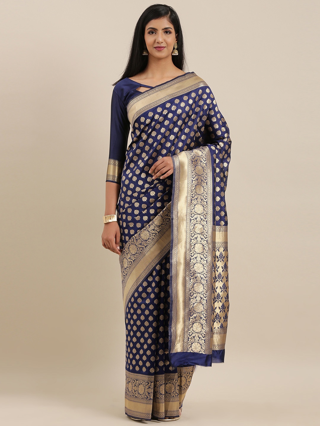 

Mitera Navy Blue Silk Blend Woven Design Banarasi Saree