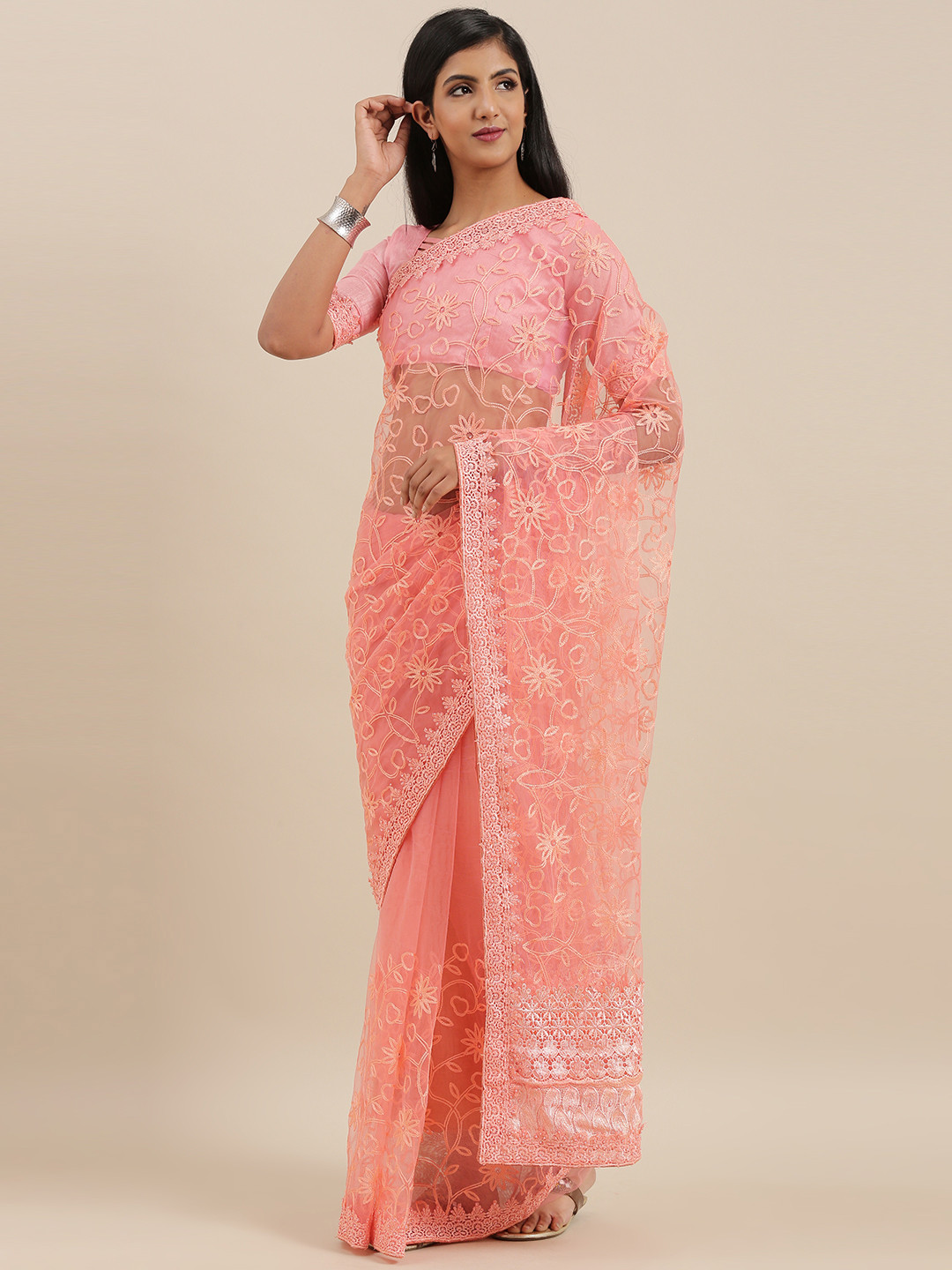

Mitera Peach-Coloured Net Embroidered Saree