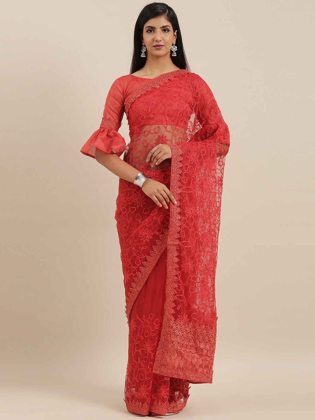 

Mitera Red Embroidered Net Saree