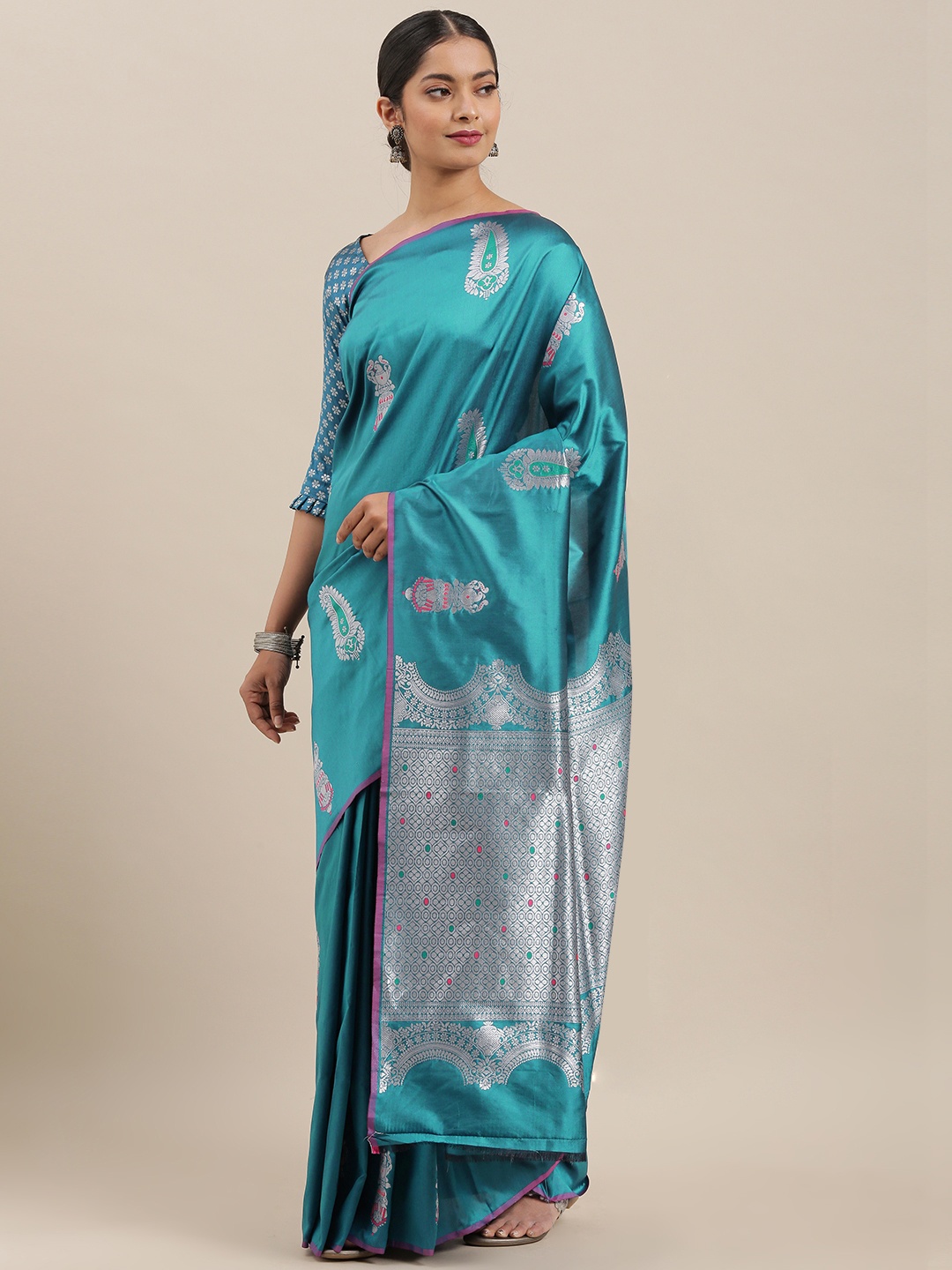 

Mitera Turquoise Blue & Silver-Toned Woven Design Banarasi Celebrity Saree