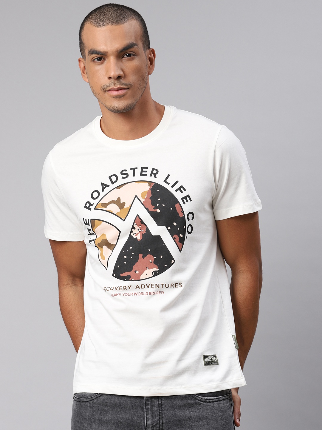 

Roadster x Discovery Adventures Men White Cotton Pure Cotton T-shirt with Anti Microbial Finish