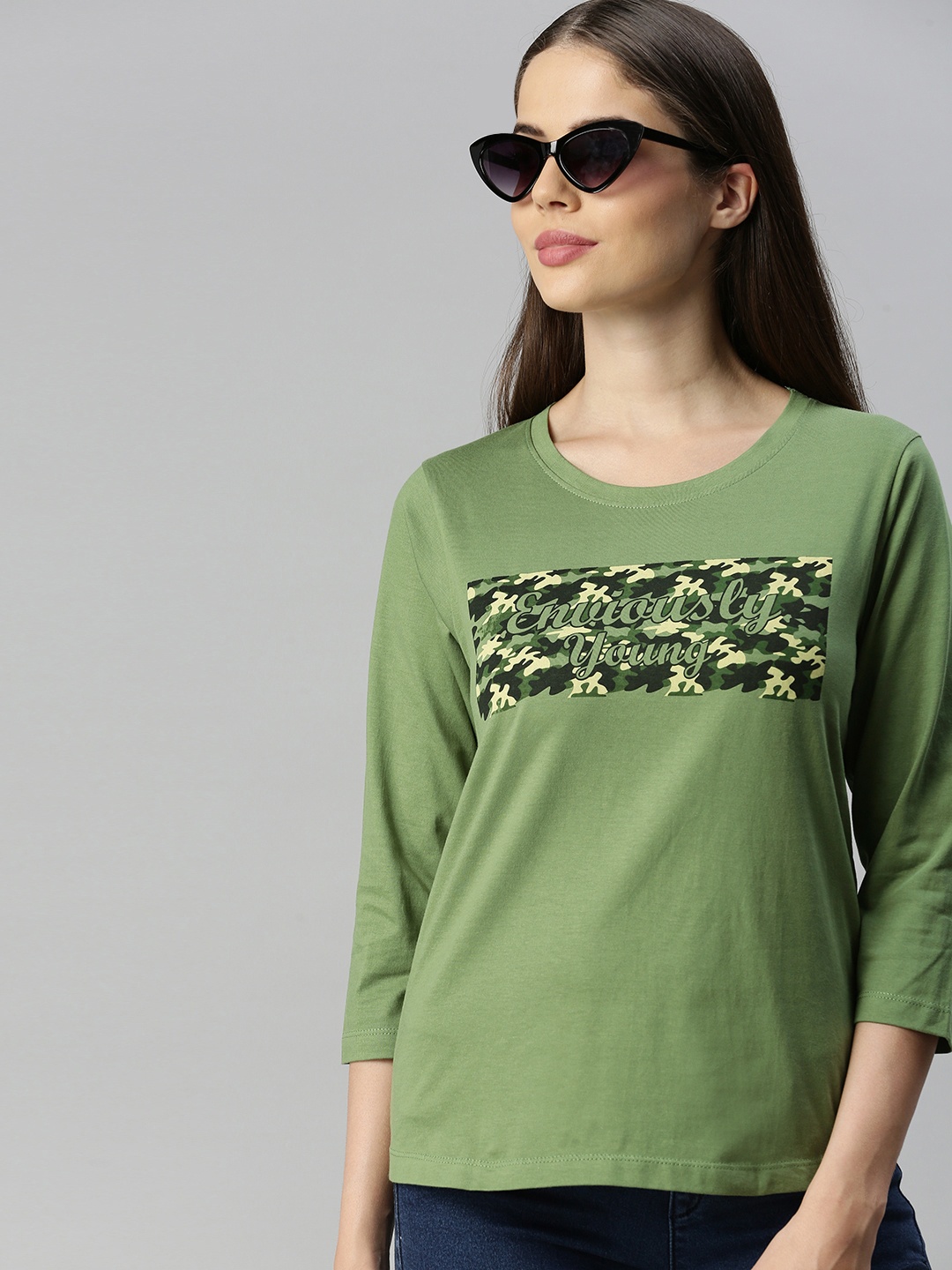 

Enviously Young Women Olive Green Printed Round Neck Pure Cotton T-shirt