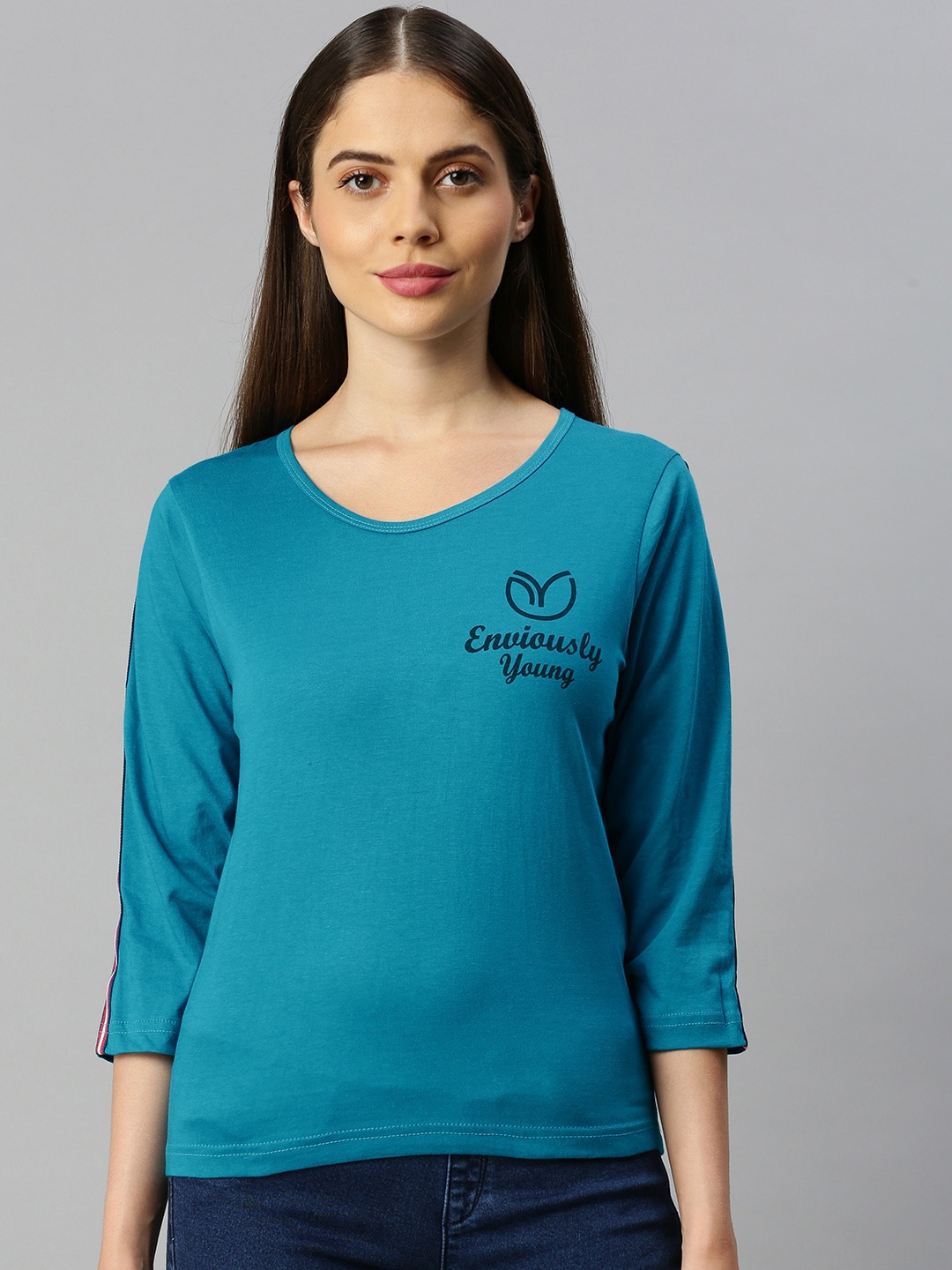 

Enviously Young Women Blue Printed Round Neck Pure Cotton T-shirt