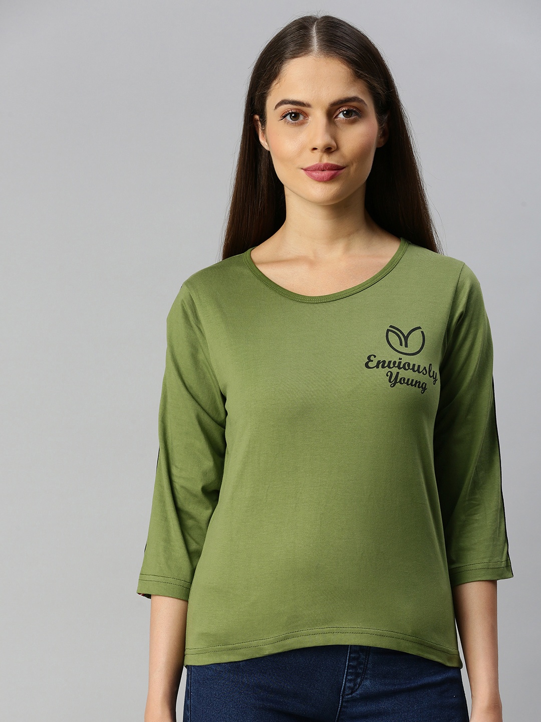 

Enviously Young Women Olive Green Slim Fit Solid Round Neck Pure Cotton T-shirt with Printed Detail